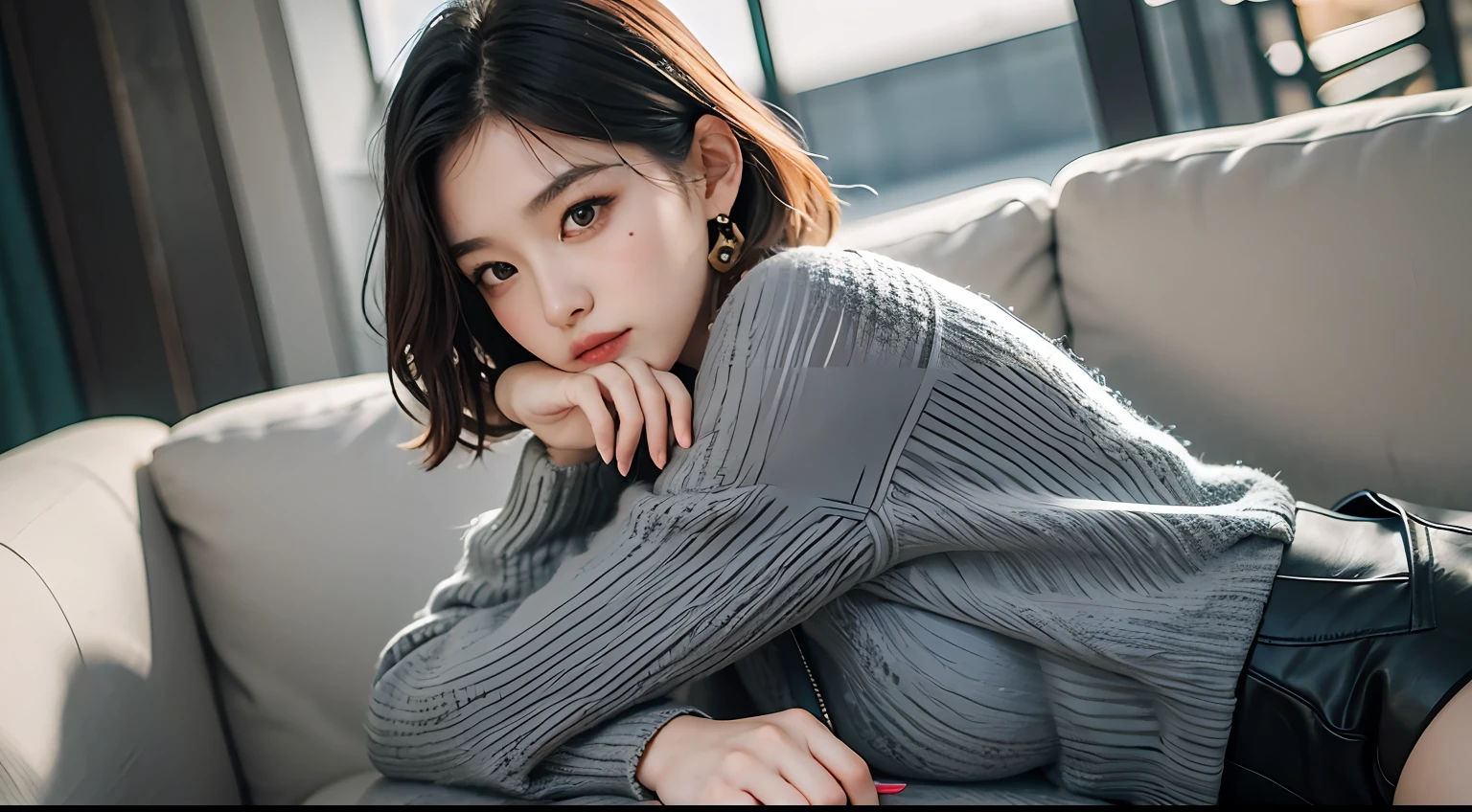mix4, Detail Eyes, (Best quality details:1.2), Realistic, 8K HD, (1girl:1.2), Super Detail, High Quality Texture, Fine Details, Fine Detail, High Detail, Extreme Detail CG, High Quality Shadow, Fine Beautiful Face, Fine Beautiful Eyes, Depth of Field, Ray Tracing, (A beautiful 25-year-old sexy Korean woman: 1.1), medium breasts, tall female, beautiful legs, glowing eyes, blush, perfect body, skinny, (black sweater: 1.4), (slit gray coat: 1), (plaid tight skirt: 1.2), (stockings_suspenders: 1.4), (short hair: 1.1), street photography, sunlight, kneeling sofa, earrings, necklace, model, looking at the audience from the side, dynamic pose, moles under the eyes,