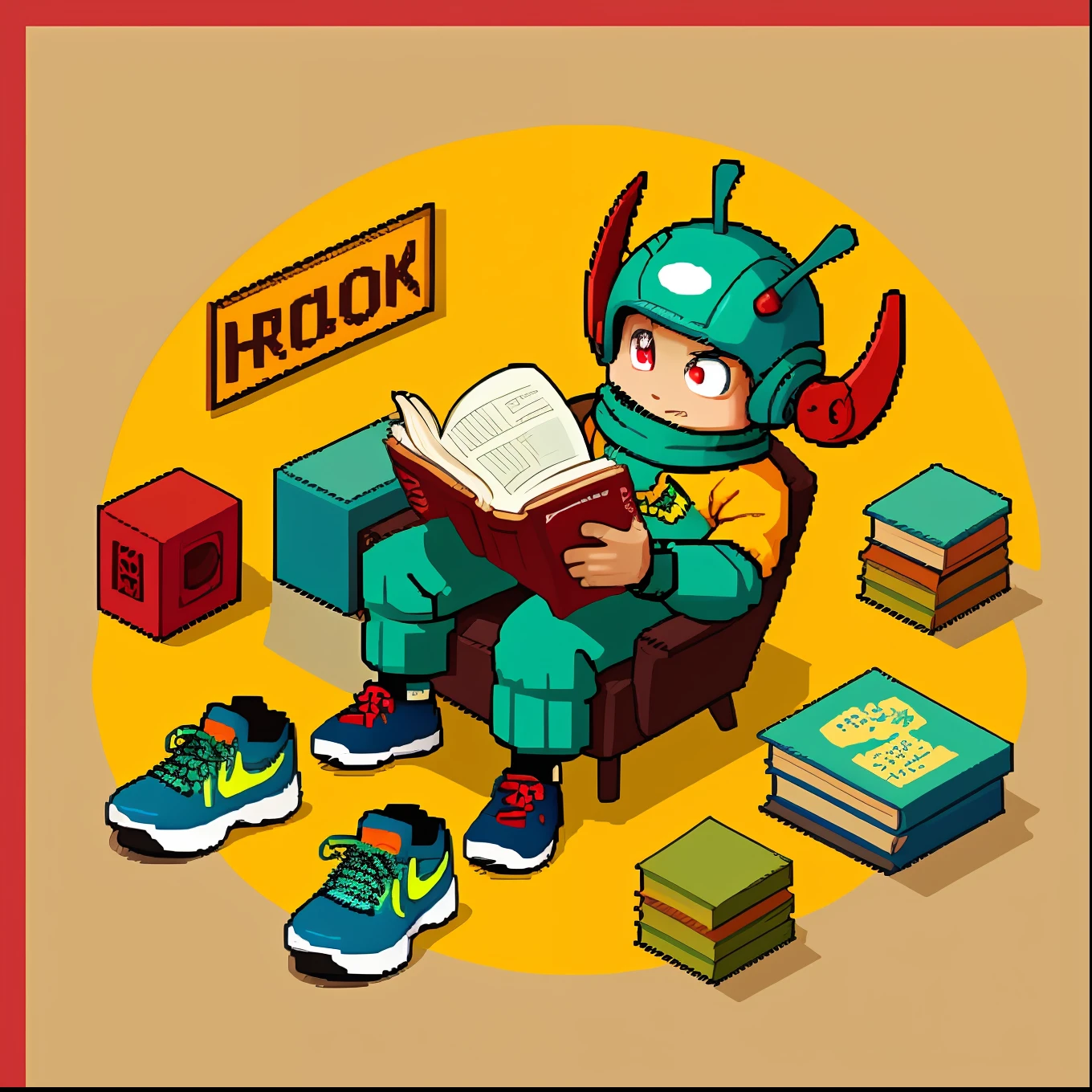 Minimalist illustration of robot with bright red eyes nike sneakers on feet with slight features of black grasshopper sitting on the floor reading a book,ao fundo parede laranja com as letras MS desenhadas em preto e ao redor fogo, All this with traces of Akira Toriyama in 8K