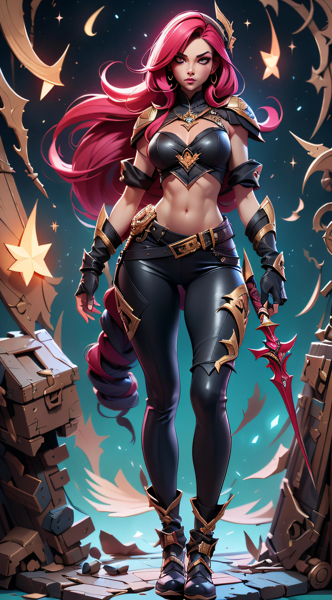 League of Legends((Katarina)), Katarina, beautiful female assassin, ((Realistic)) and watercolor drawing of a girl with goth colors. She has on ((Ruby hair)), wears a (Black skinny pants:Star motif ), ((Beautiful and aesthetic)), There is a stab wound in the right eye, muscular fit body abs, There is a tattoo on the waist, Sexy, under-boobs, ((fullllbody)), There is a dagger next to the thigh, There is equipment on long shoes, Hot, (star filled sky background) (Clear background:1.35), (Particle, Firefly, blue glowing):1.3, uhdr, A high resolution, Complete body, Full body shot, a panoramic view, fullllbody, Complete body, Gothic art, ((Best quality)), High details, High quality, Best quality, 8K
