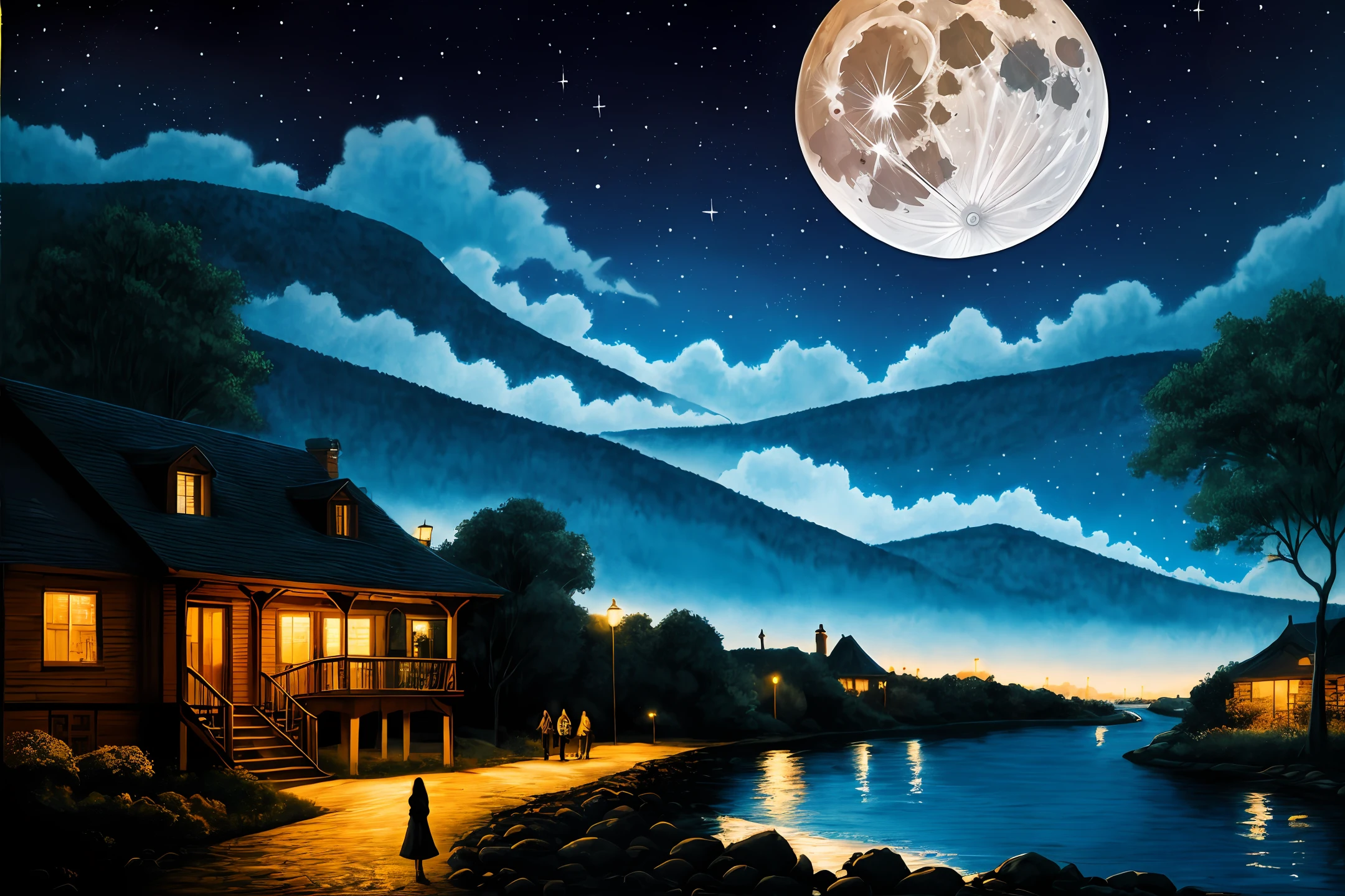Full moon landscape the night themed artistic drawing with a beautiful woman in the background