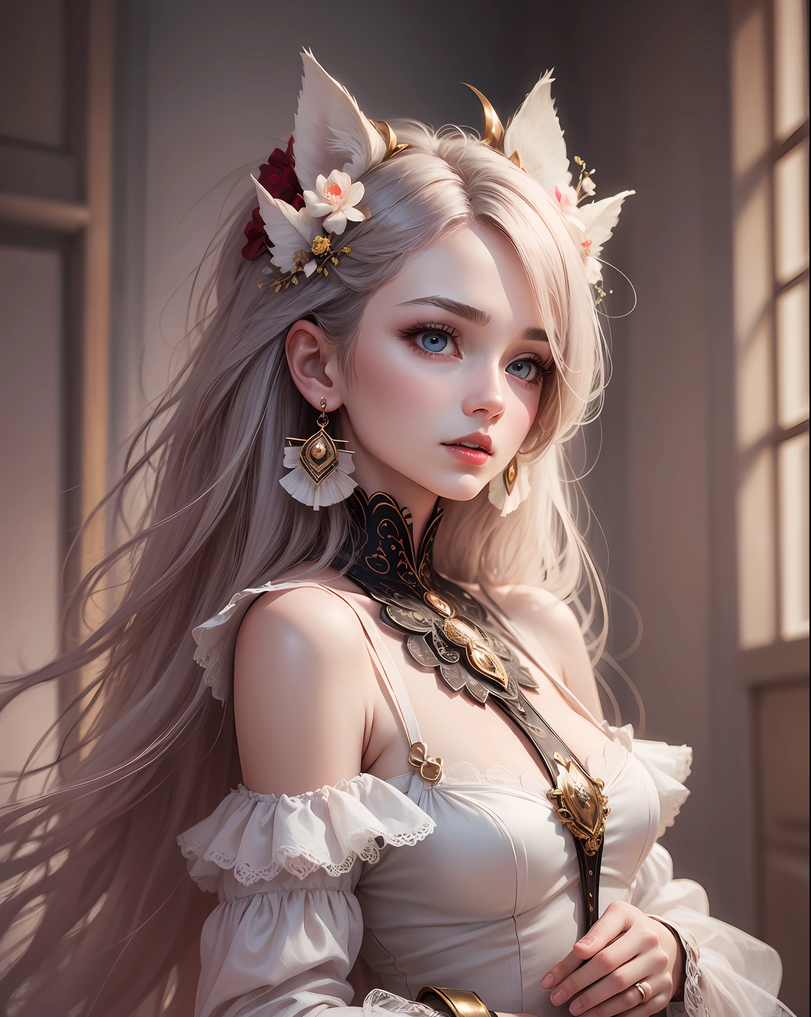Model: Anime, Prompt: extremely detailed, Depth of field, dreamlike, The best quality, infinite details, realistic photos, the highest quality, high resolution, cinematic light, Tindall effect, (beauty), fairy ears, transparent wings, silk skirts, clear and delicate facial features, perfect facial proportion, white skin, delicate and supple hair, exquisite eyes, red lips, expressive expression, dreamlike delicate hair, avant-garde mobile earrings