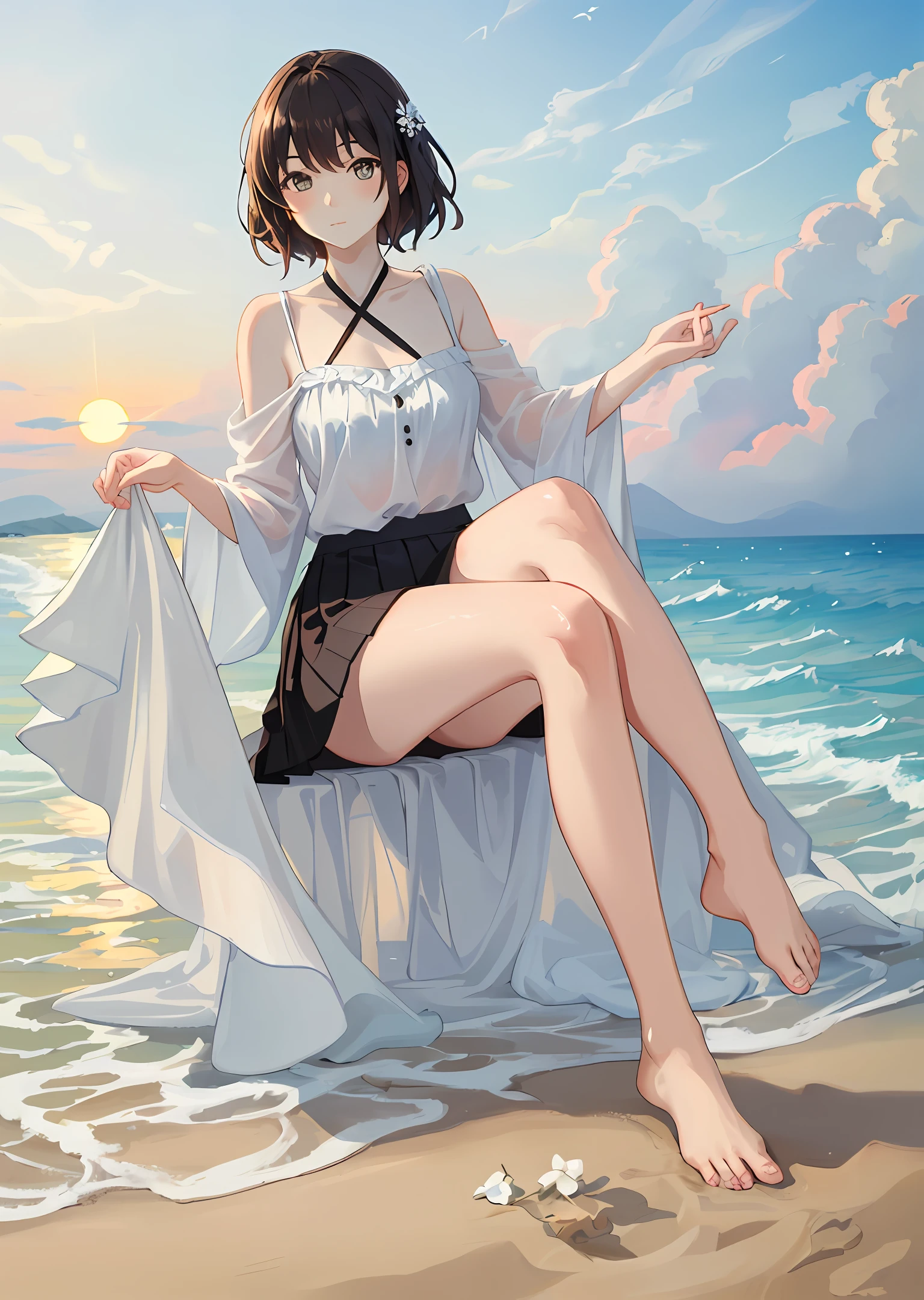 Written/Painting of a cute woman in a short skirt with long legs white skin with one foot bent barefoot in the setting sun,on the beach