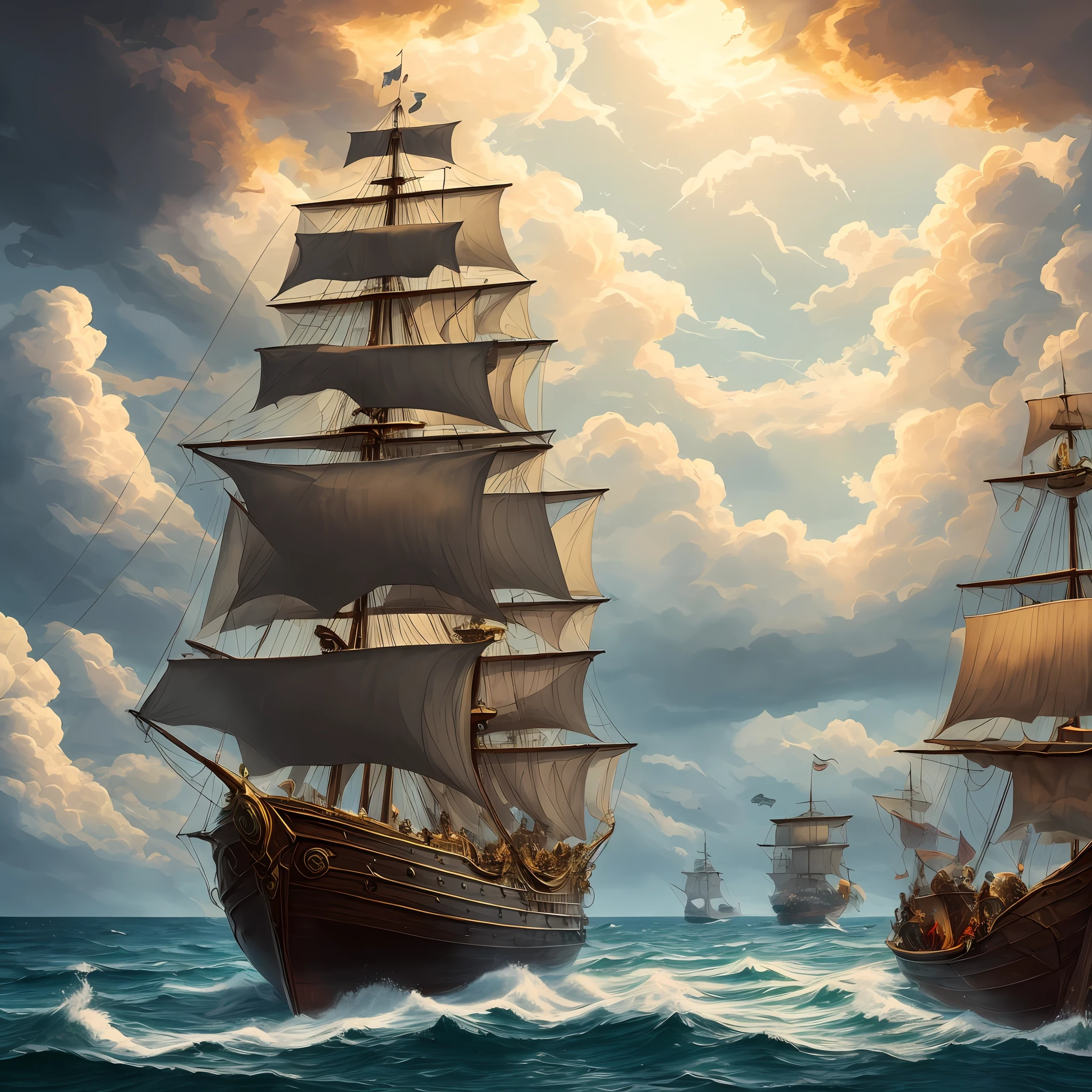 High quality drawing, Beautiful lighting, Golden apple on the map, The Mysterious Island, Ship, Treasure Chest, treasury, Black Breeches, Captain Flint, boarding with a galleon, Deck of the Ship, storm, a pirate, Gold Coin --auto
