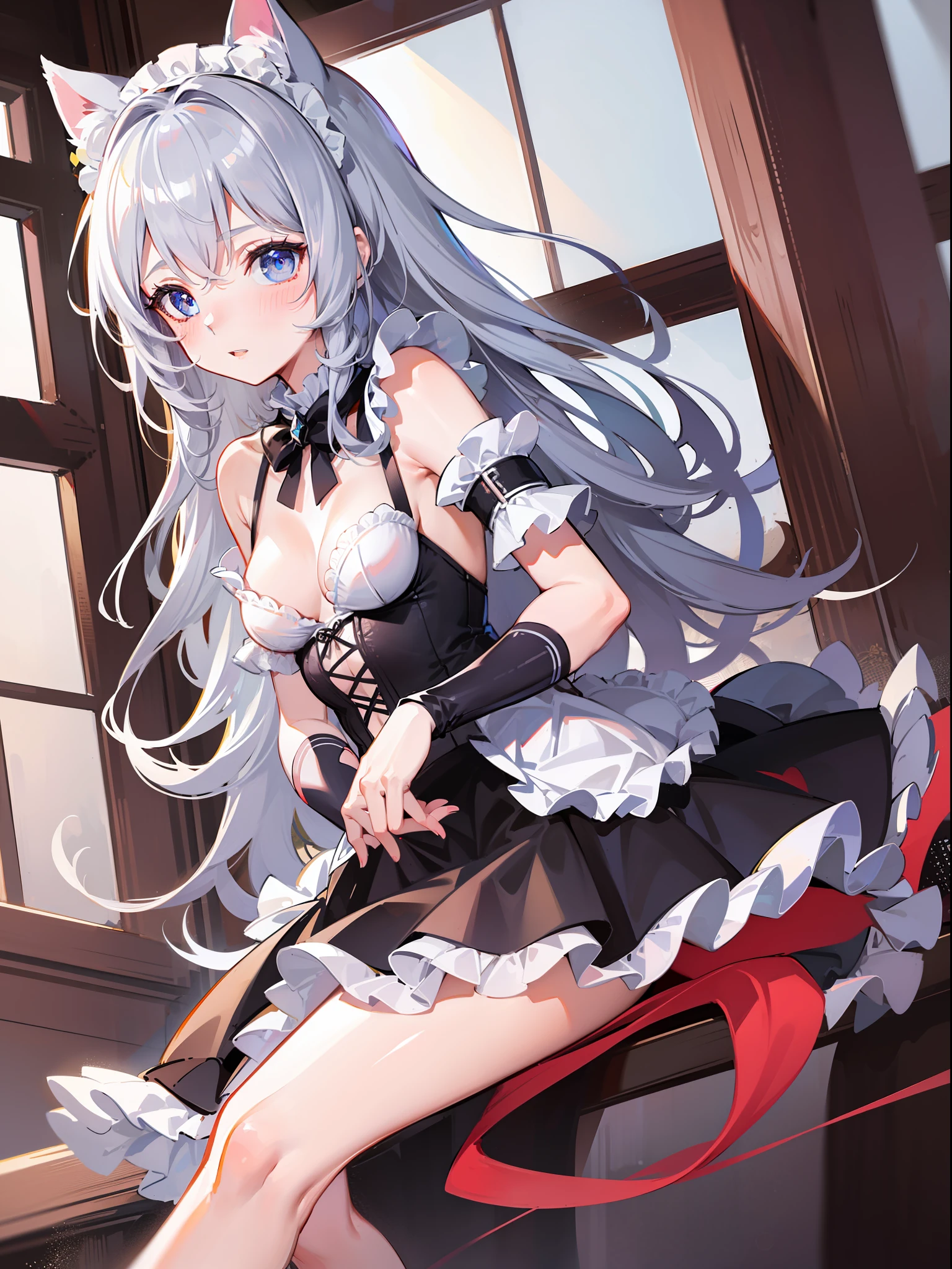best quality, ultra precision, one girl, cute, little girl, young, boyish, childish, small breasts, silver hair, cat ears, blue eyes, beautiful eyes, teen girl, blush, embarrassed, maid costume, housekeeper, lift the hem of the skirt, bare leg, sexy,