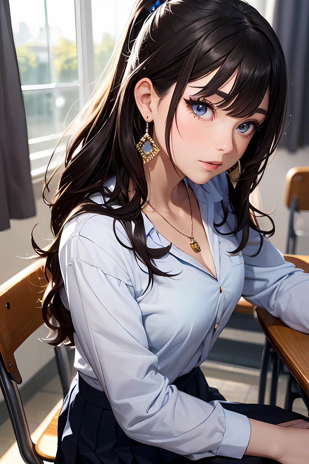 (Masterpiece: 1.3), (Maximum resolution: 1.2), (Ultra HDTV: 1.2), Cinema light, Ultra HDTV, (Detailed eyes and skin), (Detailed facial features), HDR, 8k resolution, Sharp Focus: 1.2, Perfect style, beautiful face, accurate, anatomically correct, highly detailed face and skin texture, detailed eyes, brown eyes, double eyelids, thin eyebrows, glitter eyeliner: 1.2, natural cheeks, glossy skin, fair skin: 1.2, shiny little necklace and earrings, (glossy lips: 1.4), BREAK, ((POV))), (((High school uniform: 1.2)))), ((Look up at me))), (Shy look: 1.2)))), (18 years old, neat girl))))), (ponytail in high position, wavy hair, brown hair, bangs flowing diagonally), medium long hair, scene seen from above, ((Cowboy shot: 1.2)), (focus on face:1.2), (( Very intimate relationships: 1.2)), ((medium large breasts)), (Upturned breasts), (((In the classroom where the setting sun shines: 1.2)), ((Sitting opposite her on the school chair the curtains fluttering in the wind)), ((She lifted her chin:1.2)), (Staring at me)), Highly detailed face and skin texture, Detailed eyes, Double eyelids, Natural cheeks, Blue eyes, shiny little necklace and earrings, shiny lips: 1.4,