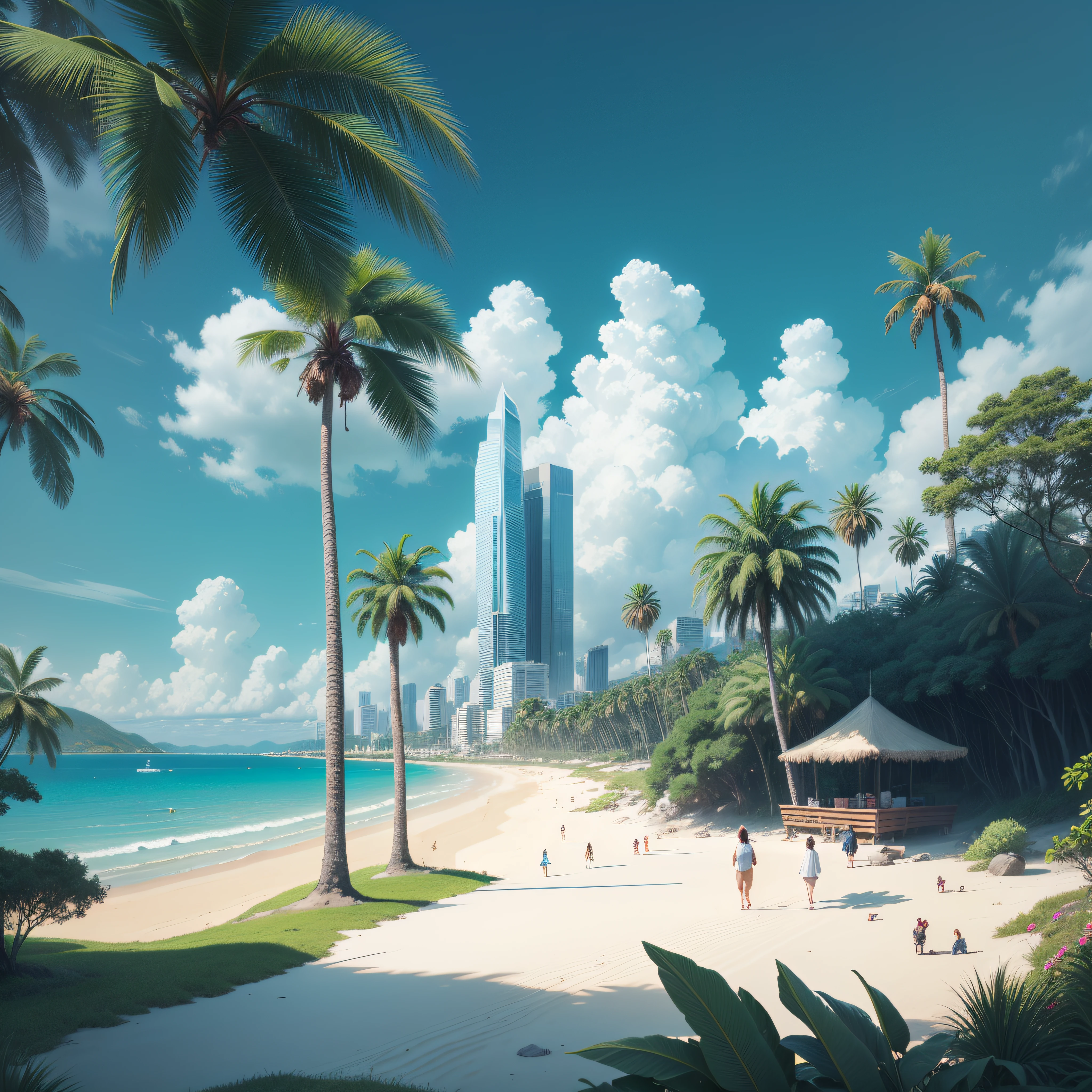 A paradise beach with white sand, blue sea and palm trees.
A modern city with skyscrapers, cars and people walking the streets.
A green field with flowers and animals grazing.
A dense forest with tall trees and lush plants.
A high mountain with snow on top.