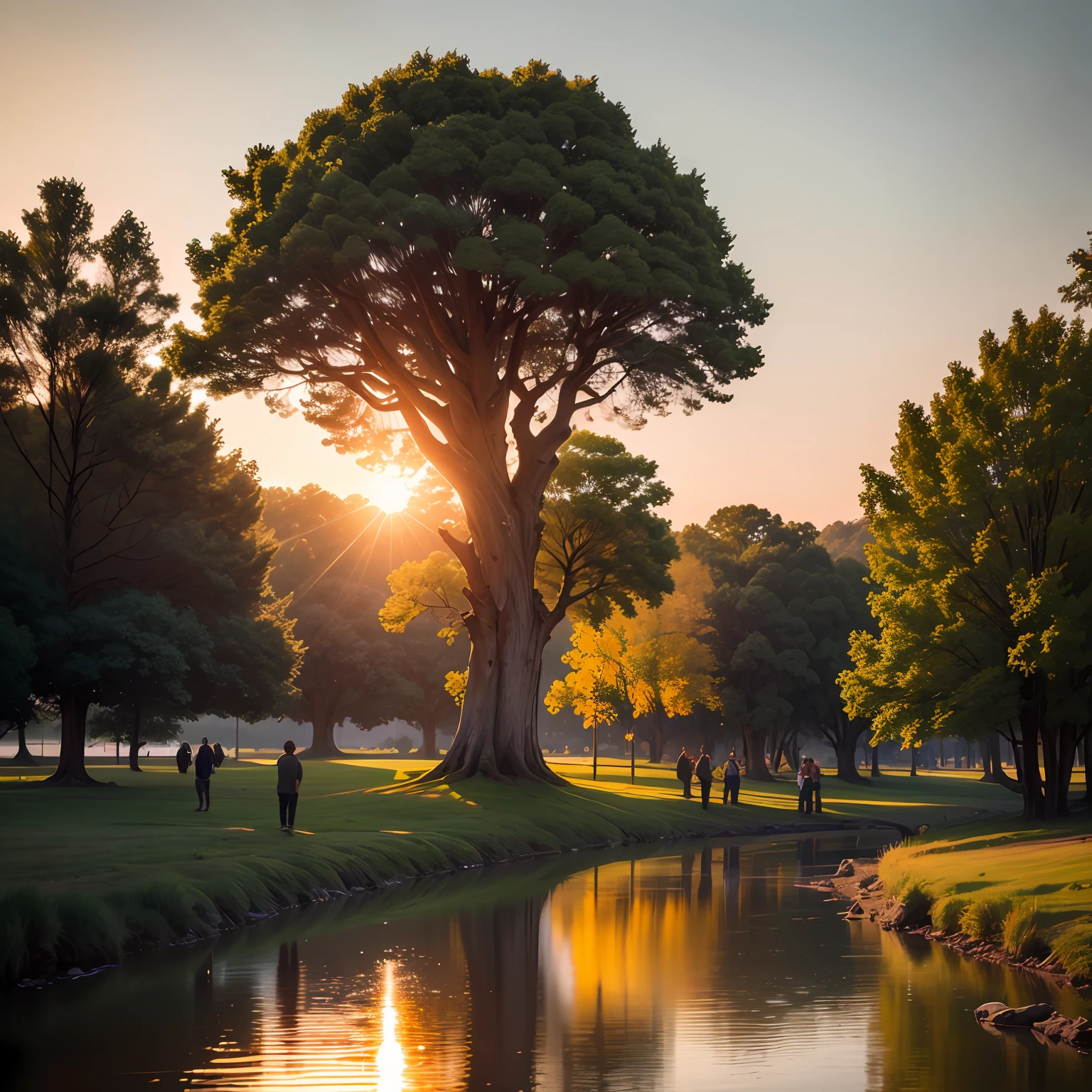 A serene landscape with a soft golden sunset. The sky is painted with warm shades of orange and pink, refletindo-se em um lago calmo e tranquilo. No centro da imagem, there is a majestic tree, com ramos cheios de folhas verdes. The tree looks stable and robust, representing God's promise for a hopeful future. Around the tree, There are people of different ages and backgrounds, sorrindo e caminhando juntas, symbolizing community and unity. This image conveys a sense of peace, Confidence and optimism --auto