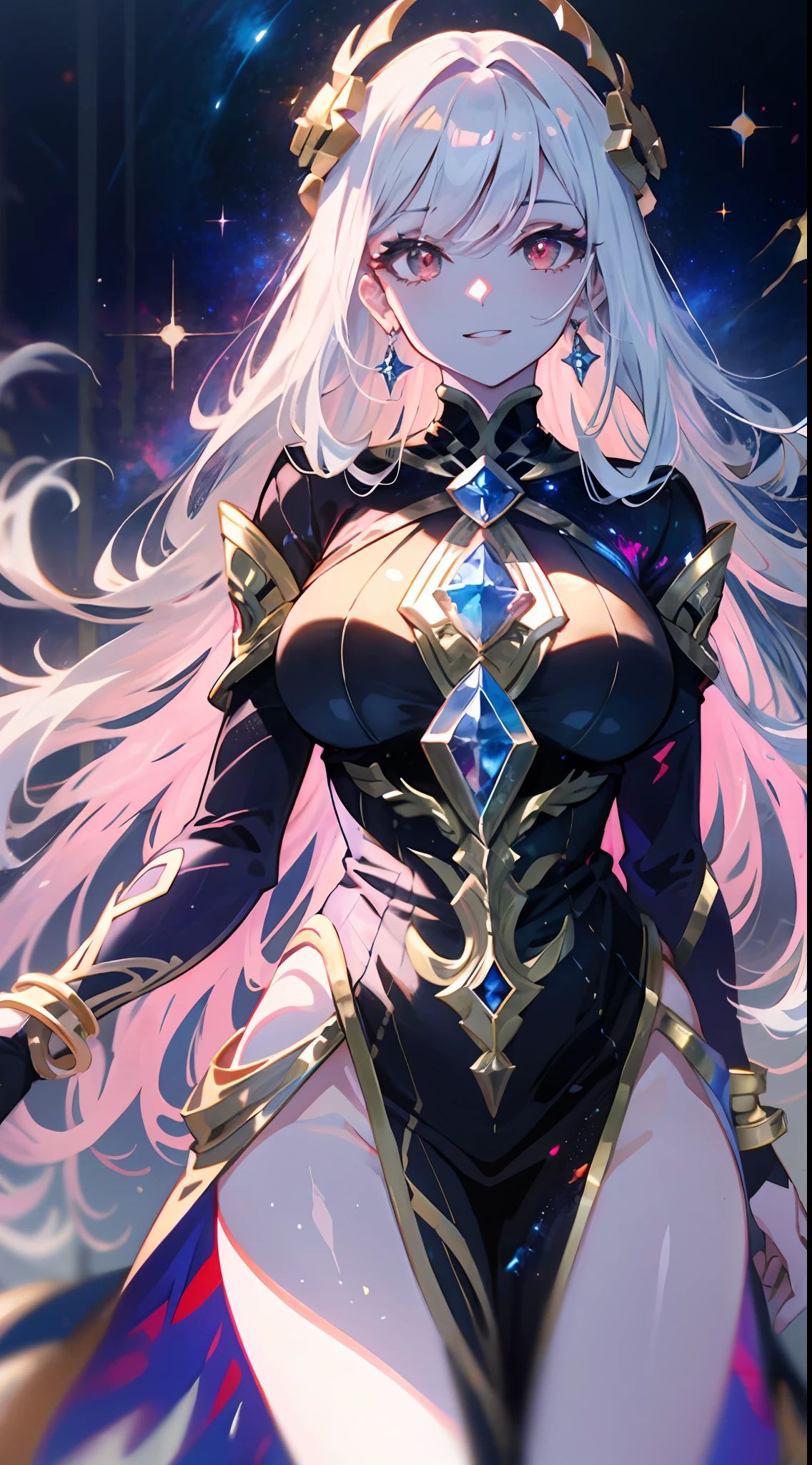 (simple hands:0.5)+(detailed hands:0.7), (masterwork), (best quality), white hair, red eyes,1girl, pale skin, white hair, red eyes, two tone hair, eyelashes, bracelet, jewelry, smile, gleaming skin, shiny hair, detailed and majestic stage, Fantasy, Long Hair, 1 girl, two-tone hair, night sky, Incredibly detailed CG illustration masterpiece, looking at you, anime, beautiful anime eyes, beautiful detailed eyes, eyes, glittering eyes, red eyes, galaxy, nebula, (full body), (curvy),