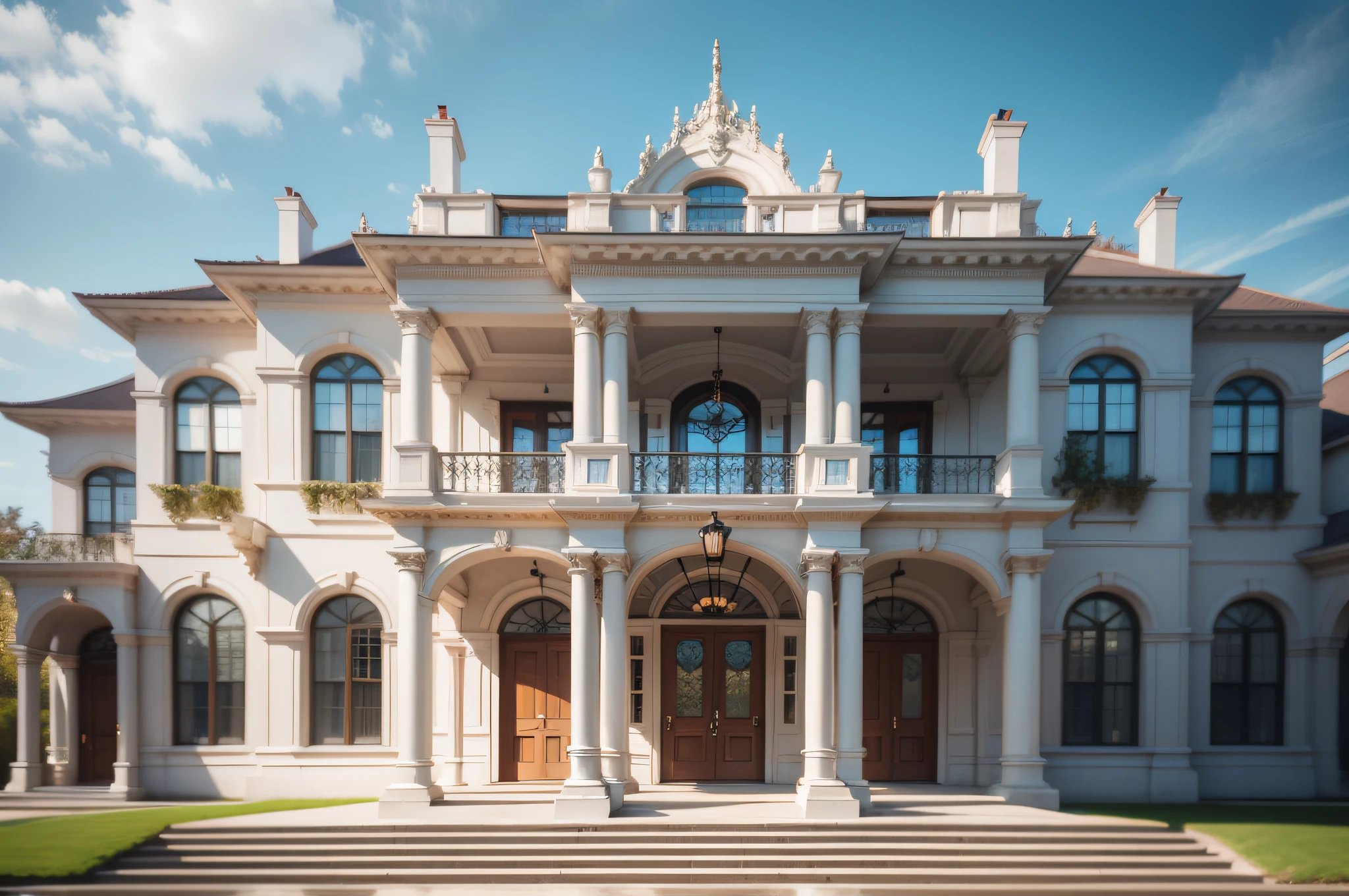 beautiful, modern american mansion façade, blue sky, award-winning photo, bokeh, perfect, millionaire, ultra detailed, 8k, cinematic