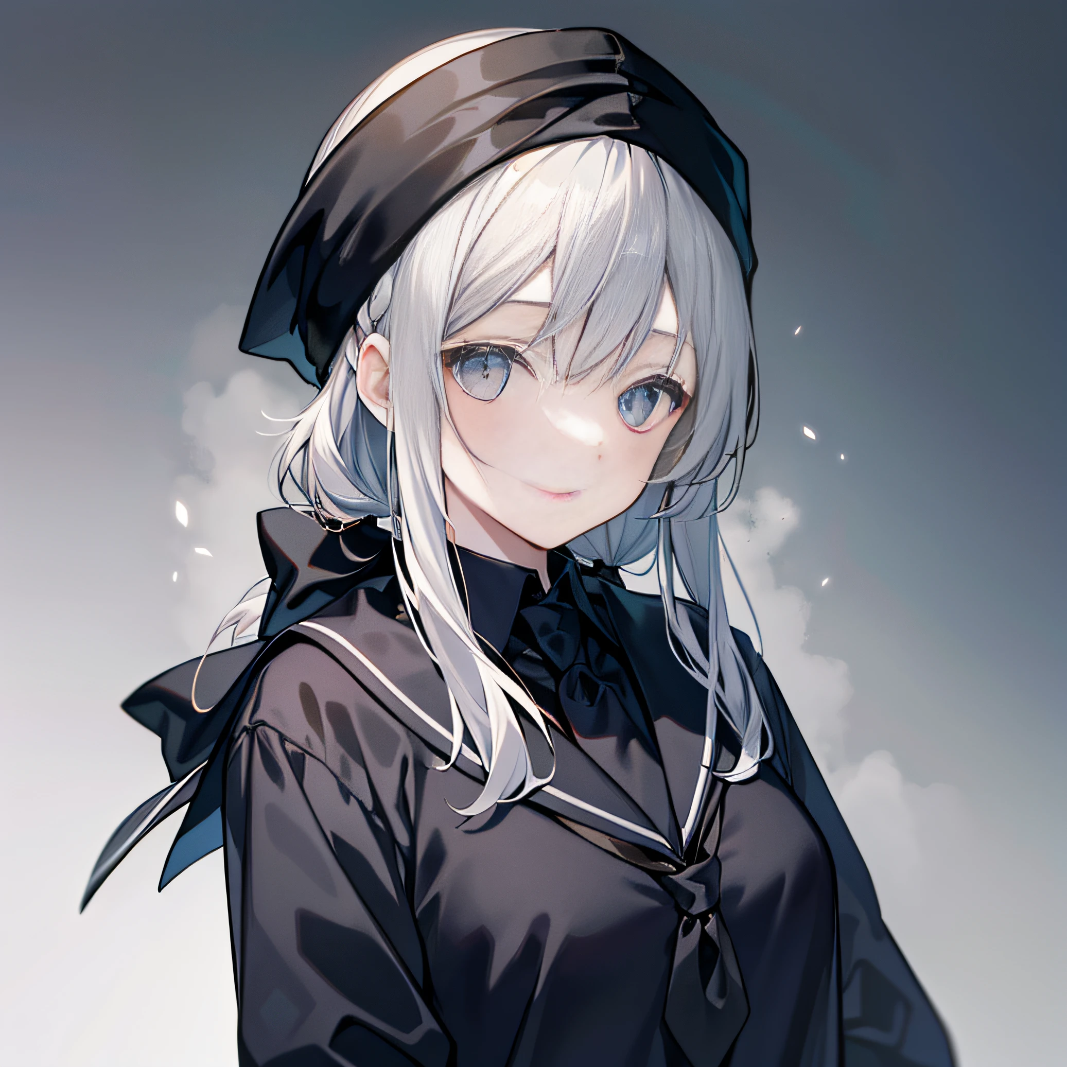Bust photo,schoolgirls,black clothes,The eyes are cold,Plump body,There is a black and white turban under the bangs,gray hairs,Wear black silk,There is a pinch of hair tied on the top of his head