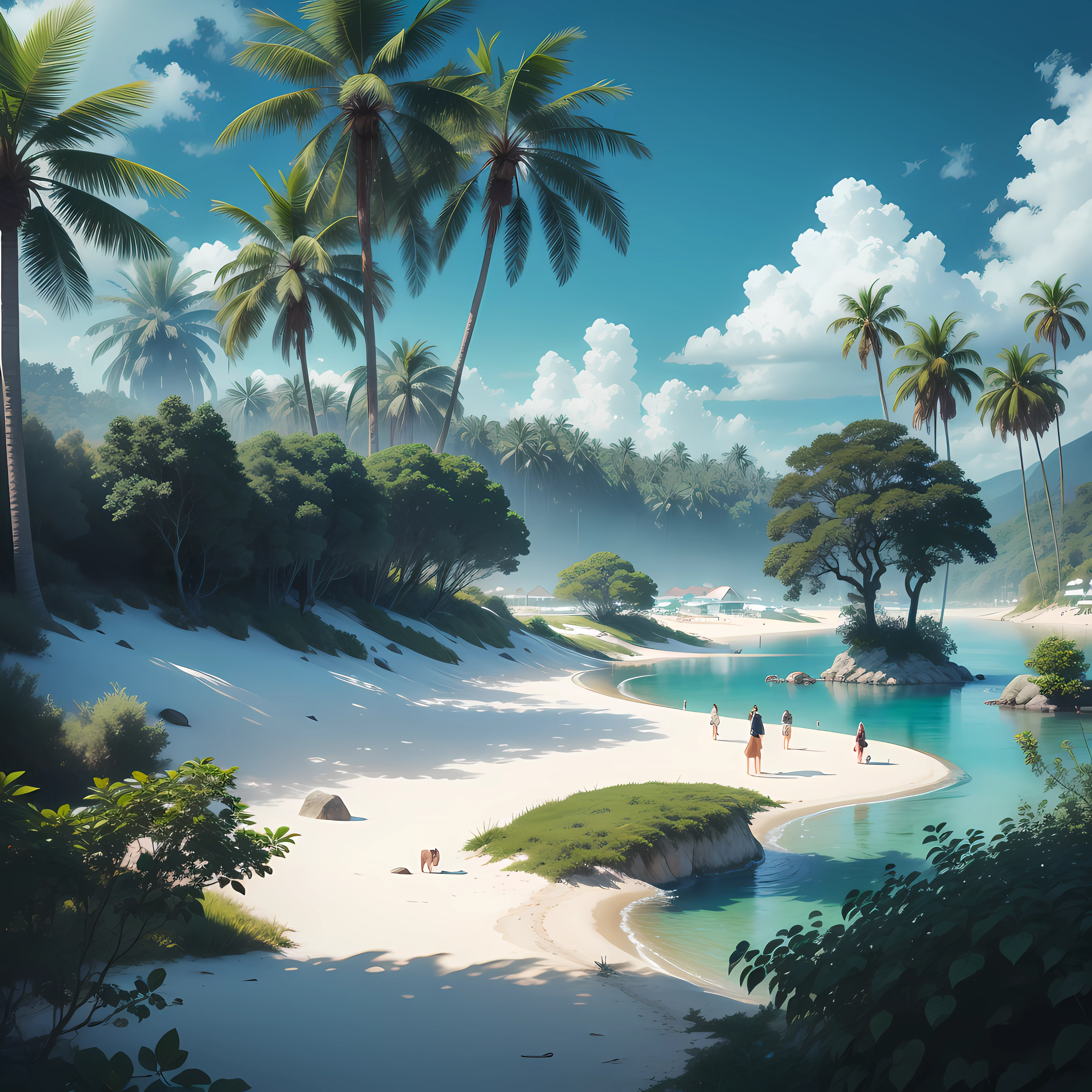 A paradise beach with white sand, blue sea and palm trees.
A modern city with skyscrapers, cars and people walking the streets.
A green field with flowers and animals grazing.
A dense forest with tall trees and lush plants.
A high mountain with snow on top.