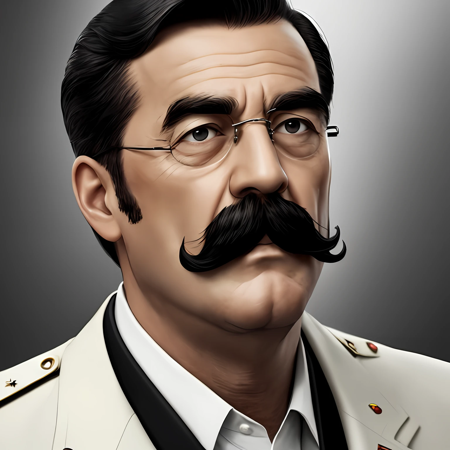 realistic dictator politician, white 50s man, thick black moustache and hair, black eyes, photography --auto