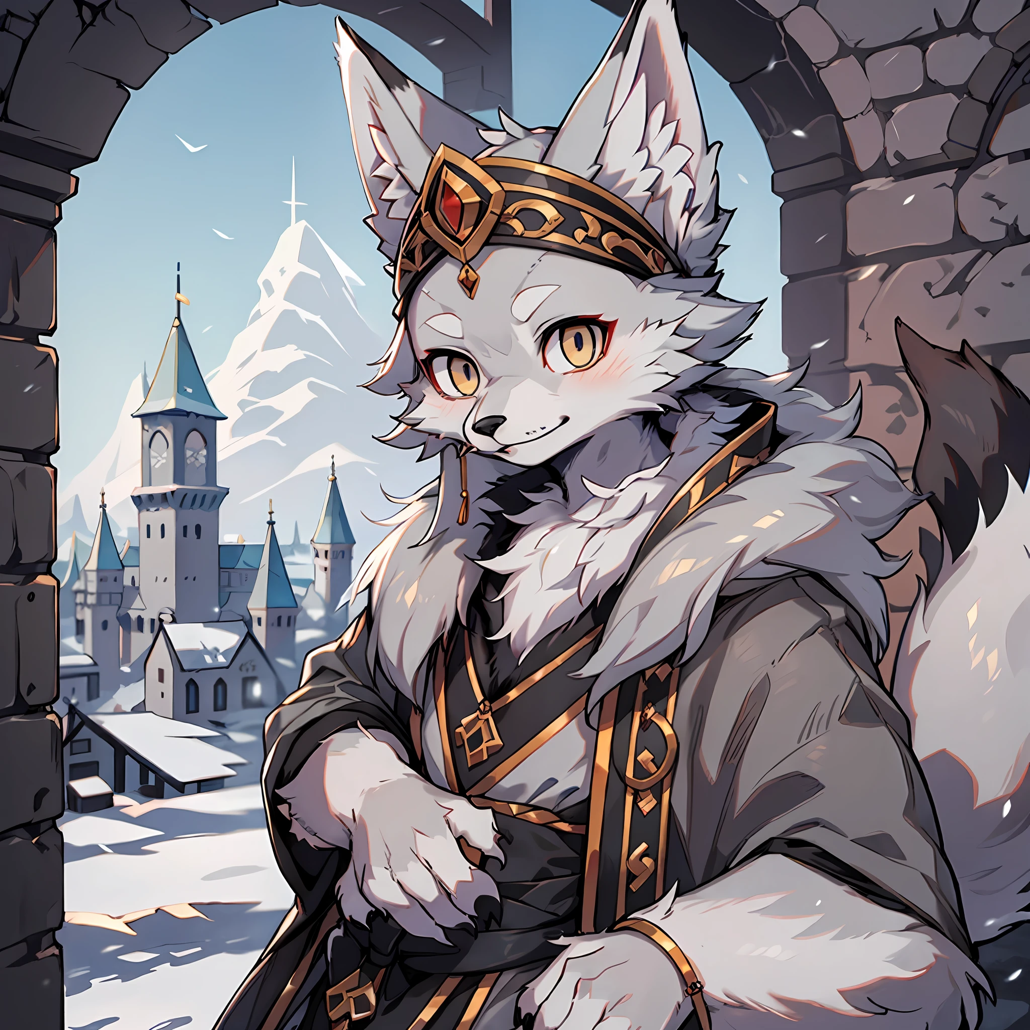 High detail,hyper qualit,High resolution,1080p,独奏,(Male arctic fox:1.5),(Gray fur:1.3),((Gray skin)),Gray ears,Golden eyes,sharp talons,((Gray paws)),(Fluffy tail:1.2),((Wearing a black magician's robe)),((Wear gorgeous headdresses)),In front of the medieval castle,Detailed characters,The character is in the center of the frame