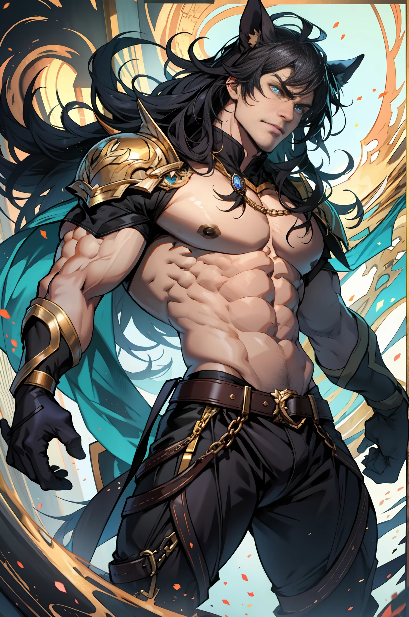 （a masterpiece of， the best quality， Cool boy， 独奏， Complicated details， color difference）， Realistis， cinmatic lighting、Dark boy，fullllbody，arma，Momentum that is not angry but threatening，Long flowing hair，And his strange inky blue eyes，Tall and sturdy golden body，With that stunning face，And the extraordinary handsome horse under him descended like a god。