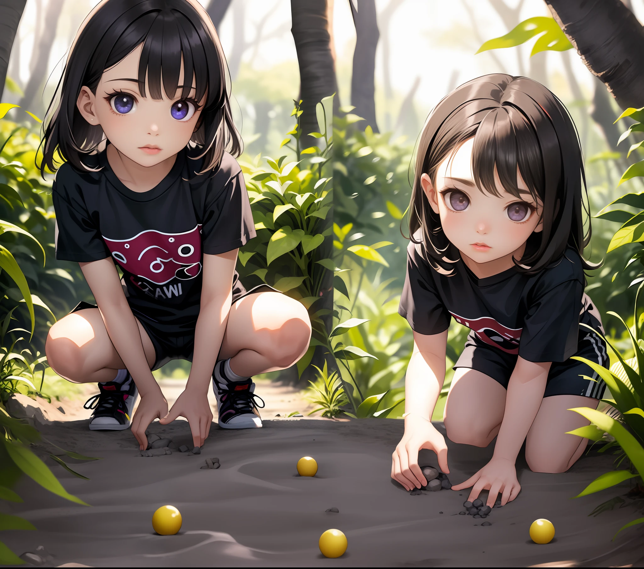uma menina chamada Anne de 8 anos de idade, corpo inteiro, pele branca, olhos pretos, fleshy lips, cabelo preto liso na altura dos ombros, small hands, low water, olhos grandes e castanhos, picking up small stones from the ground in a forest, usando coton shorts preto e camiseta preta sem desenho nesta camiseta, sem imagem tenis preto, Absurdo, melhor qualidade, somente, lateralmente, olhando para o espectador. The illustration is of an 8-year-old girl who is picking up small stones on the ground, ela usa shorts preto, black T-shirt and black sneakers.