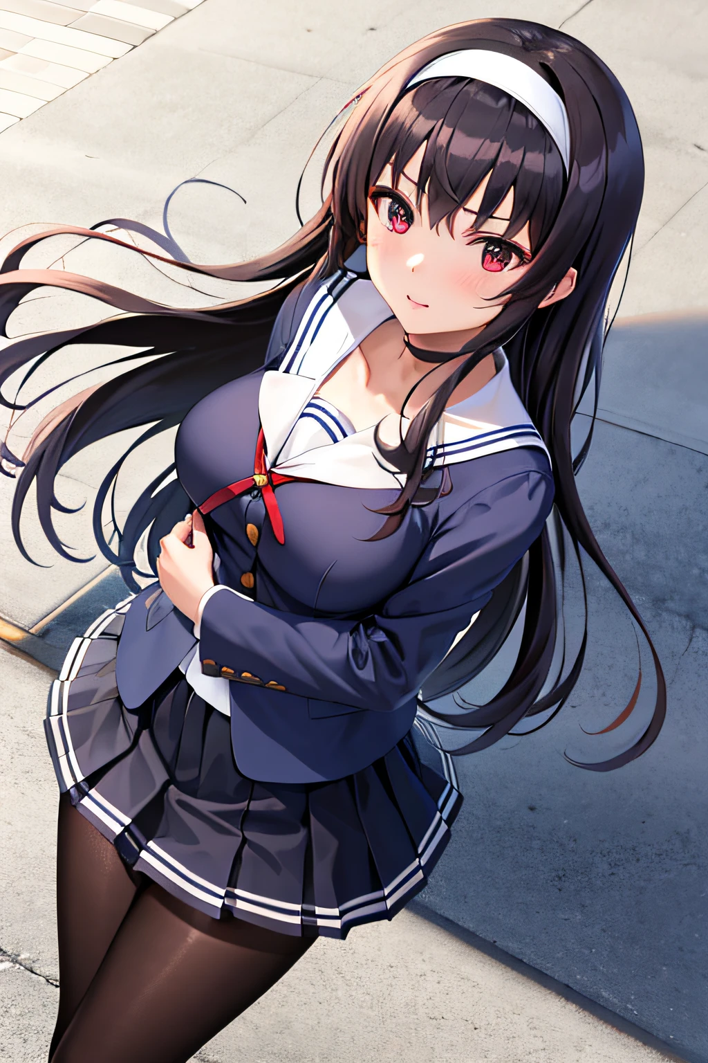 masterpiece, best quality, highres, kasumigaoka utaha, 1girl, solo, pantyhose, long hair, black pantyhose, skirt, school uniform, black hair, hairband, red eyes, pleated skirt, long legs, white hairband, breasts, serafuku, bangs, jacket, large breasts,