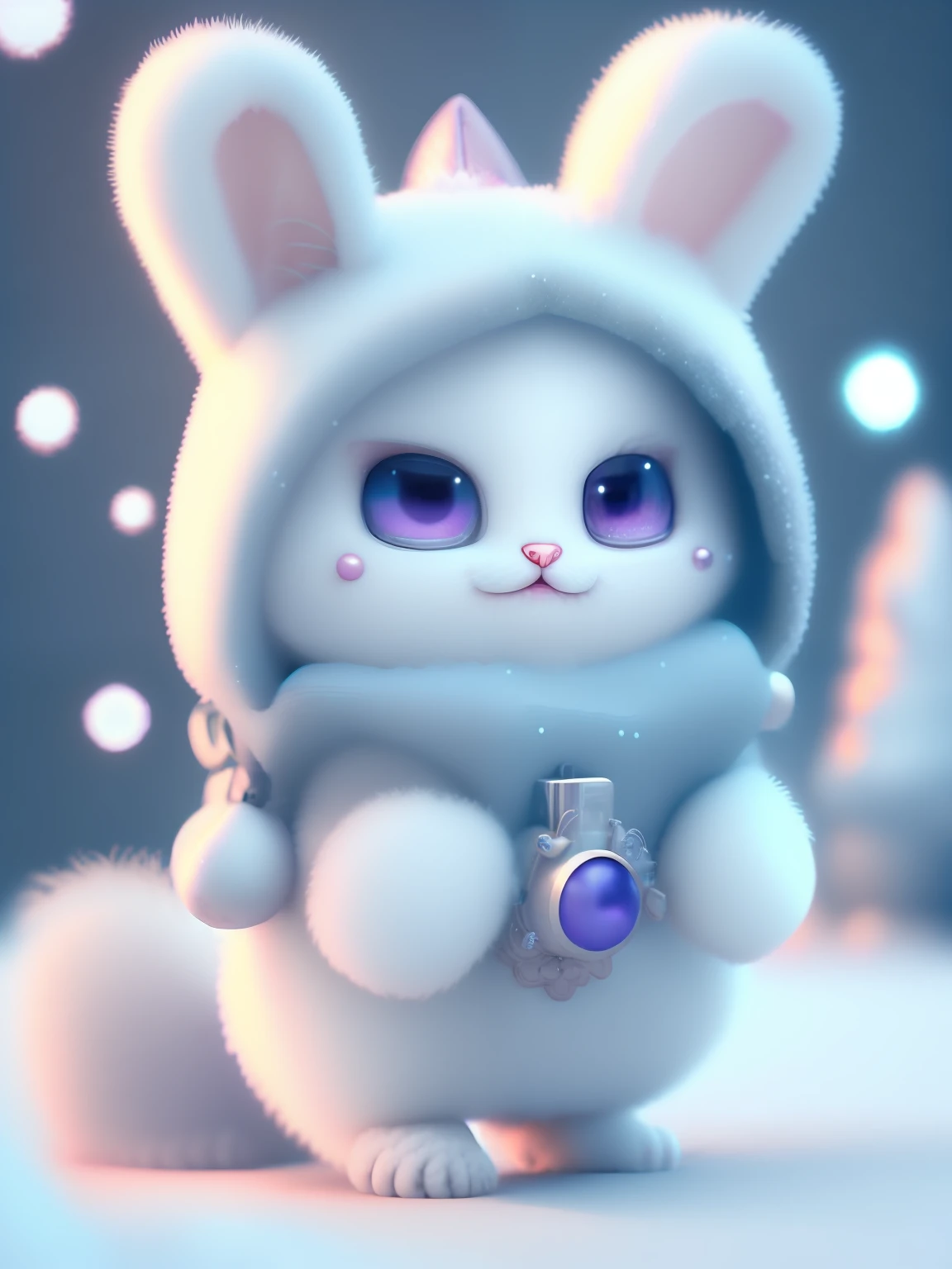 a cute little cat+Snow-white furry,Big bright eyes,A sweet smile,A sweet smile,Open-mouthed!!!,Dress up as a fashion model,Wearing a stylish suit with purple crystal texture,Hats and handbags,Snow white fluffy,Big bright eyes,Big bright eyes,standingn,Fluffy tail,Winter rises,The snow flutters gently,Extremely detailed 3D animation renders symmetrical center position, Super realistic, super detailing, posh, 3, cinematic lighti, ultra clear details, Ultra-transparent material, a closeup, complex texture, rendering by octane, zbrush, 8K, Ultra-realistic UREAL