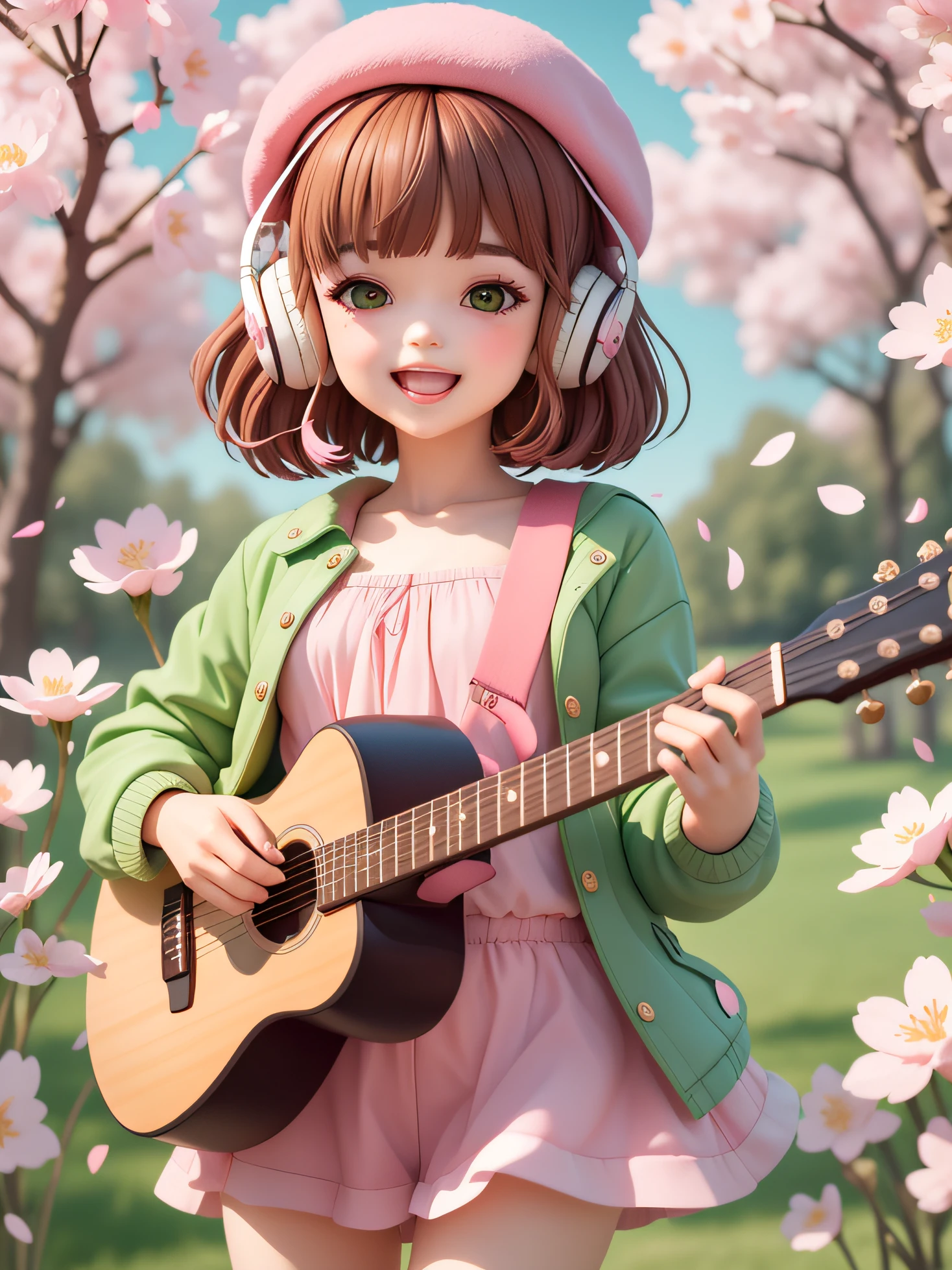 (masterpiece),(best quality),(ultra-detailed), (full body:1.2), 1girl,chibi,cute, smile, open mouth, flower, outdoors, playing guitar, music, beret, holding guitar, jacket, blush, tree, :3, shirt, short hair, cherry blossoms, green headwear, blurry, brown hair, blush stickers, long sleeves, bangs, headphones, black hair, pink flower, (beautiful detailed face), (beautiful detailed eyes),