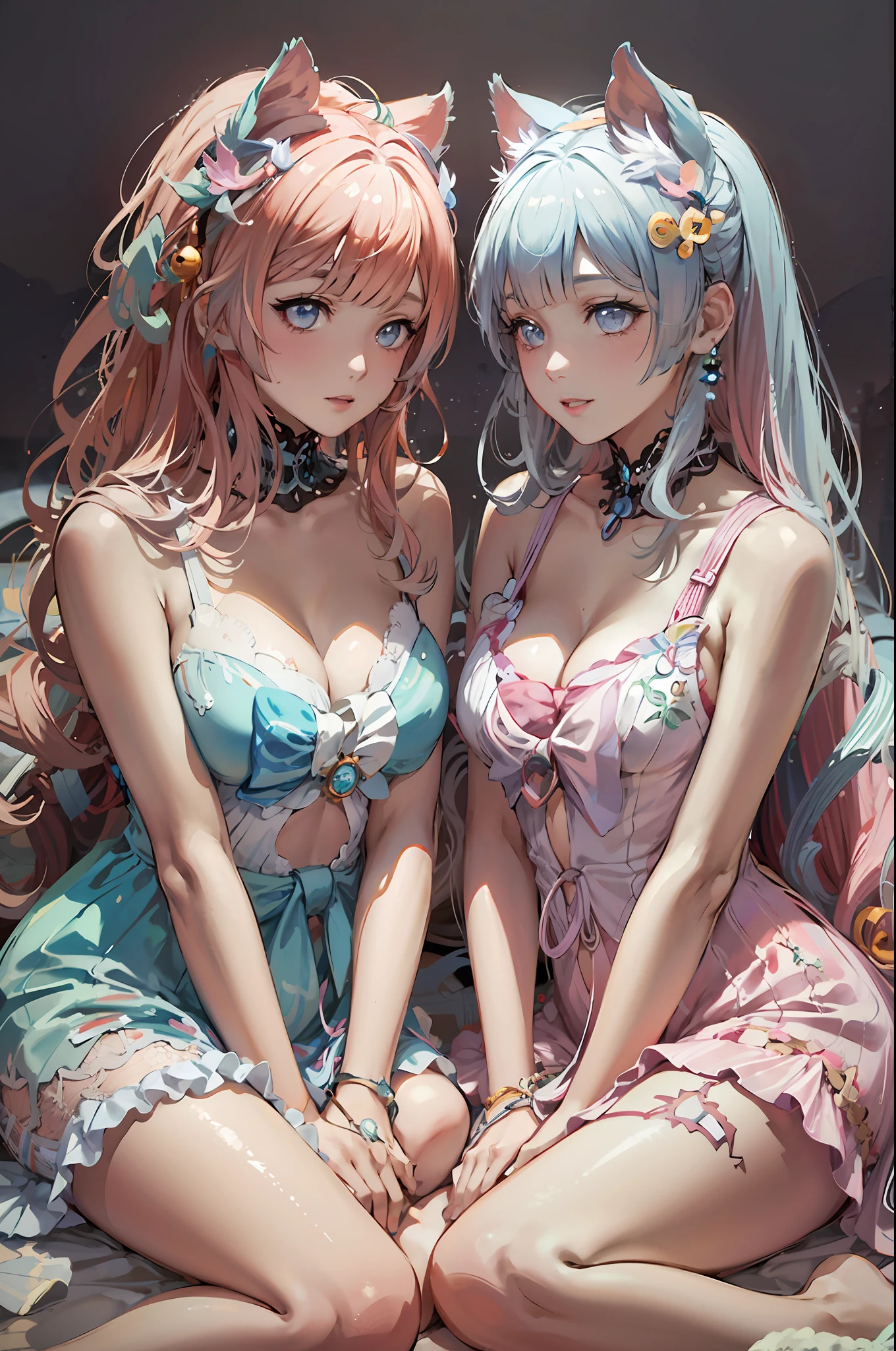 two pretty young women in matching outfits sitting on a bed, two beautiful anime girls, anime girls, anime style 4 k, anime styled 3d, artwork in the style of guweiz, 8k high quality detailed art, anime style. 8k, detailed digital anime art, realistic anime 3 d style, wlop and sakimichan, beautiful anime style