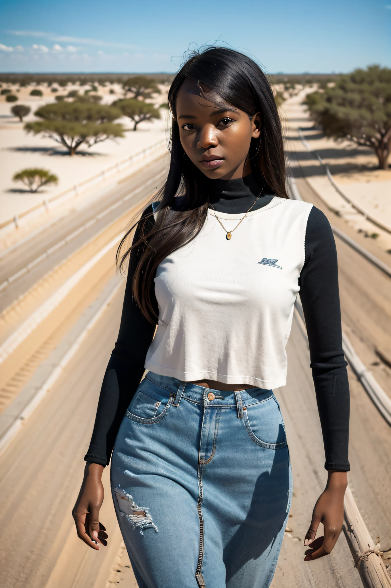 (best quality:1.4), intricate detailed, 20 years old African girl,  cyborg, kgalagadi desert in botswana