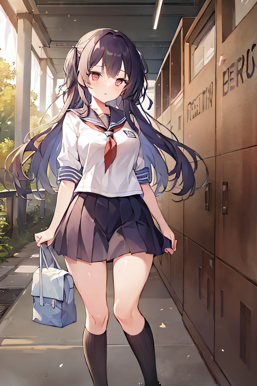 masterpiece, best quality, highres, kasumigaoka utaha, 1girl, solo, pantyhose, long hair, black pantyhose, skirt, school uniform, black hair, hairband, red eyes, pleated skirt, long legs, white hairband, breasts, serafuku, bangs, jacket, large breasts,