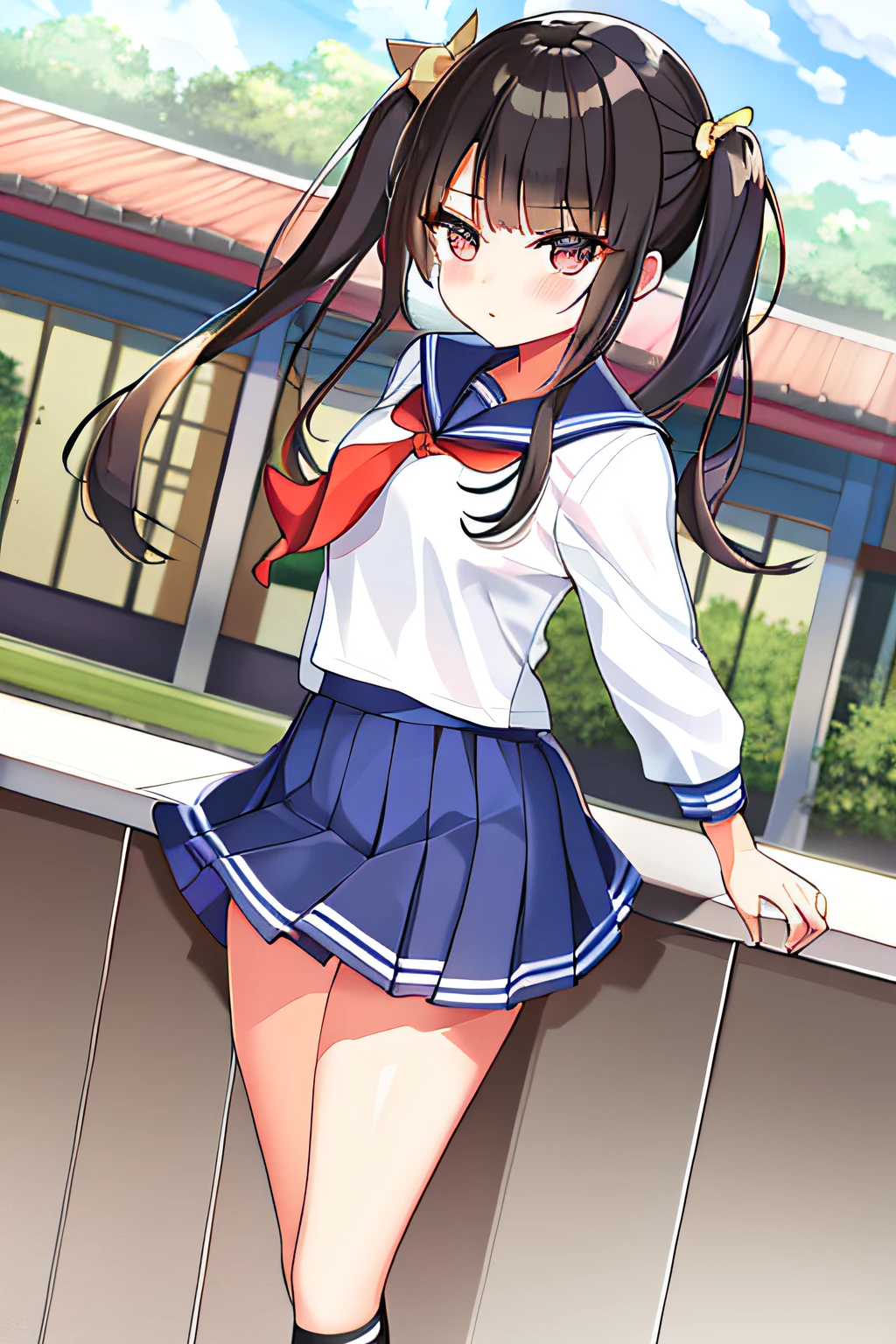 masterpiece, best quality, highres, kasumigaoka utaha, 1girl, solo, pantyhose, long hair, black pantyhose, skirt, school uniform, black hair, hairband, red eyes, pleated skirt, long legs, white hairband, breasts, serafuku, bangs, jacket, large breasts,