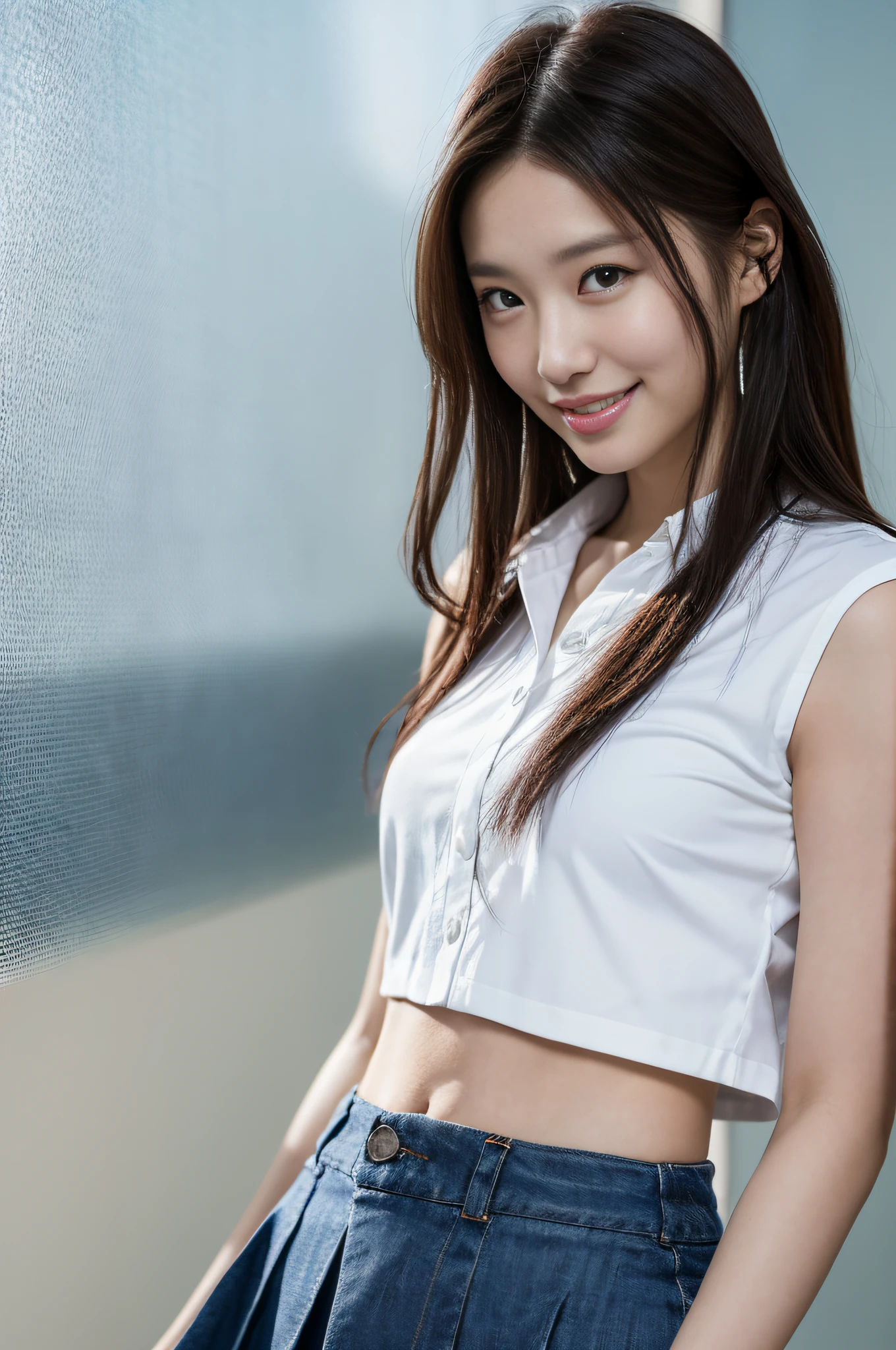 30 y o, ((Best quality, 8K, masute piece: 1.3)), Japanese cool beauty, empty blue background: 1.8, White shirt, Gray skirt, Highly detailed face and skin texture, Smile, Fashion Model Pose