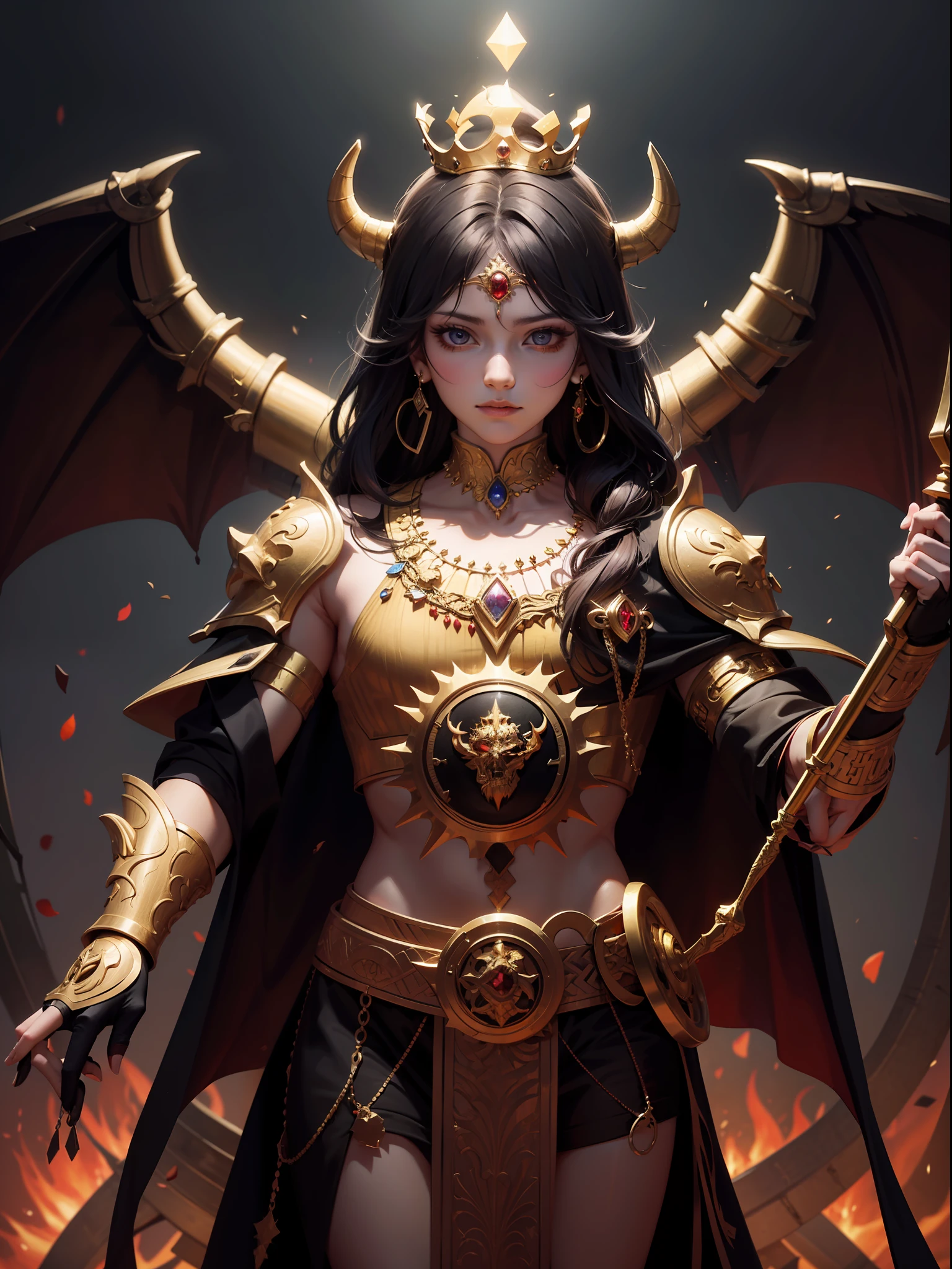 "Front view, dark ilumination, Golden demon wearing various jewels and with a crown on his head representing one of the deadly sins: A Avareza, ultradetalhado, alta resolução, arte conceitual, Arte Digital, 4k."