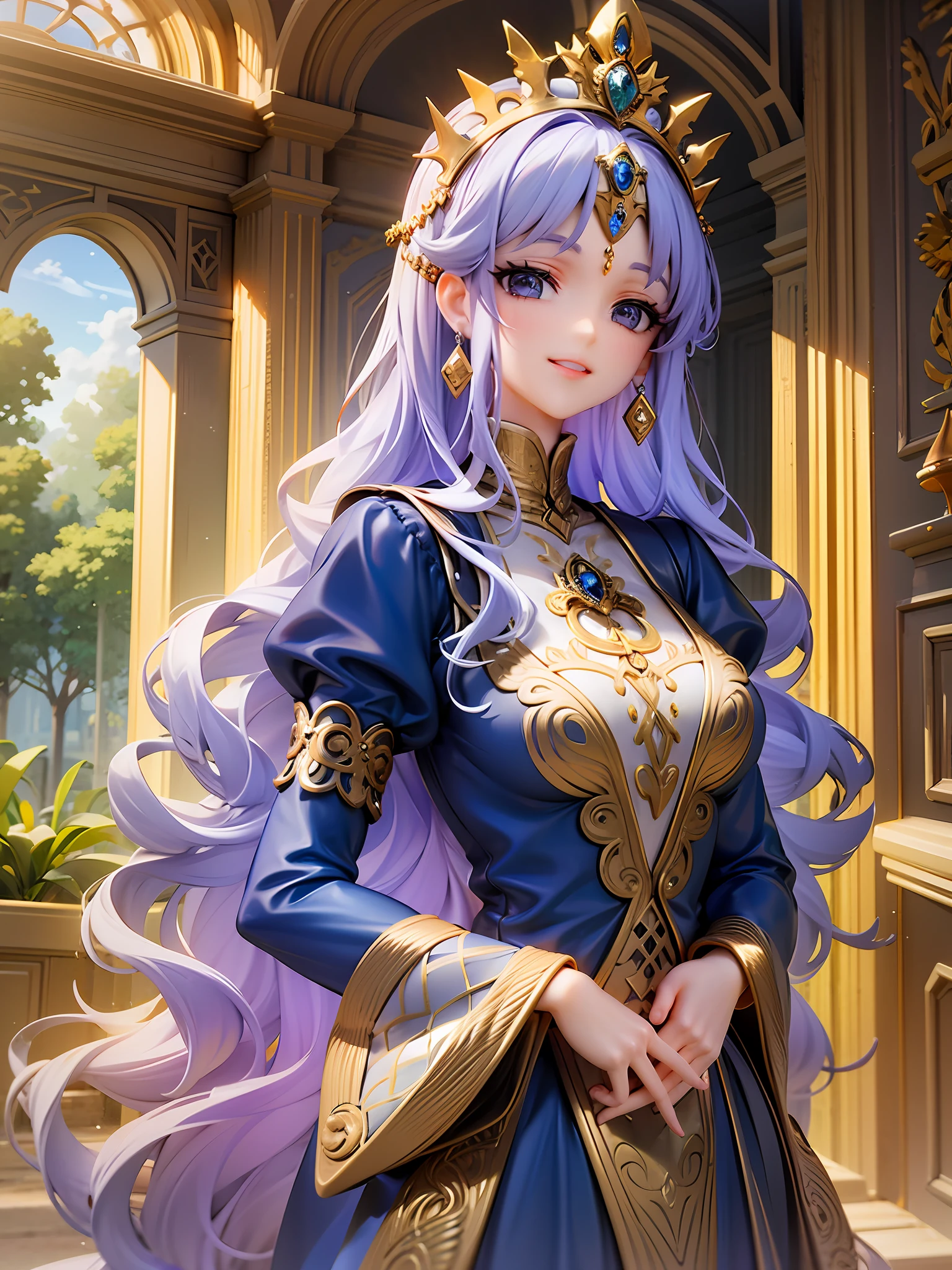 princess, royal blue, soft lavender, tiara studded with gemstones, intricate gold embroidery, serene smile, flowing royal gown, y sleeves, intricate gold embroidery, soft lavender hair, long wavy, royal blue eyes, elegant standing pose, lush palace garden background,