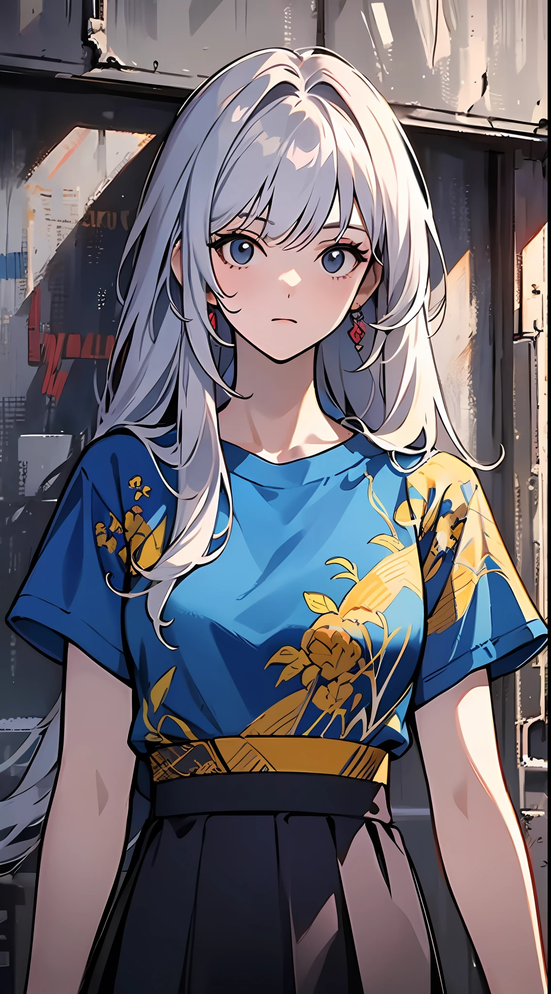 On the street, cyberpunk, a girl standing in front of a wall with newspaper pasted on the wall, silver hair, long hair, facial focus, black eyes, witty and beautiful facial features, green print t-shirt, apricot long skirt, split long skirt, embroidery pattern, dynamic pose, HDR, detailed details, fashion, cinematic light, detailed clothing texture, game CG, bright art style