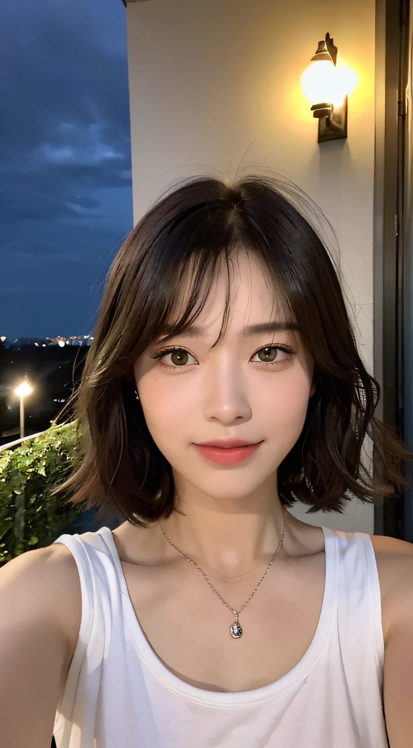 ((beste-Qualit、шедевр:1.3))、sharp foc:1.2、(realisitic、photo- realistic:1.37)、perfect beautiful female、Highly detailed facial and skin texture、Detailed eyes and double eyelids、Small smile、winc、short cut hair、small busts、Small necklace、Sleeveless shirt in light color、Apartment rooftop at night、Rain at night、rain cloud、a dark night、