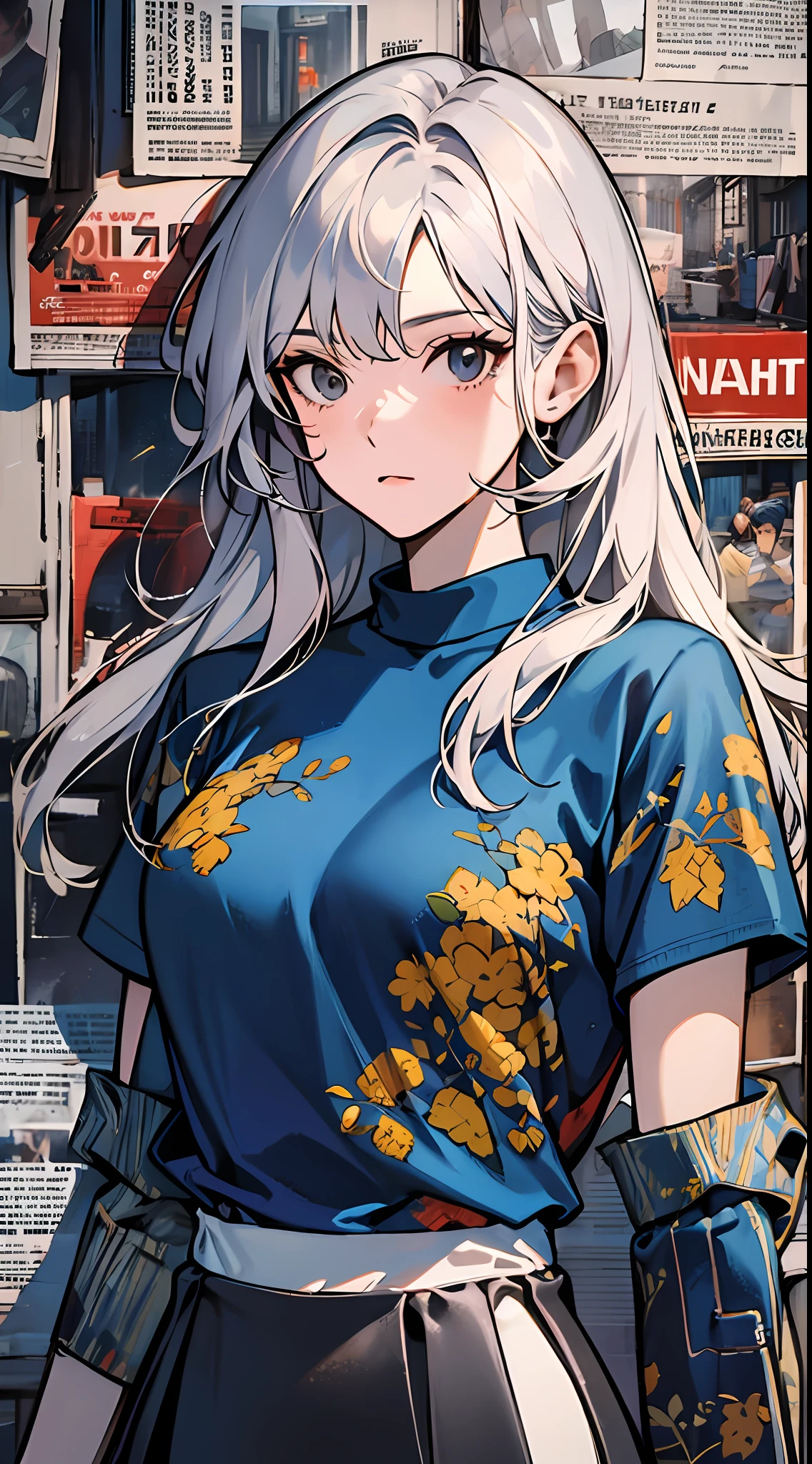 On the street, cyberpunk, a girl standing in front of a wall with newspaper pasted on the wall, silver hair, long hair, facial focus, black eyes, witty and beautiful facial features, green print t-shirt, apricot long skirt, split long skirt, embroidery pattern, dynamic pose, HDR, detailed details, fashion, cinematic light, detailed clothing texture, game CG, bright art style