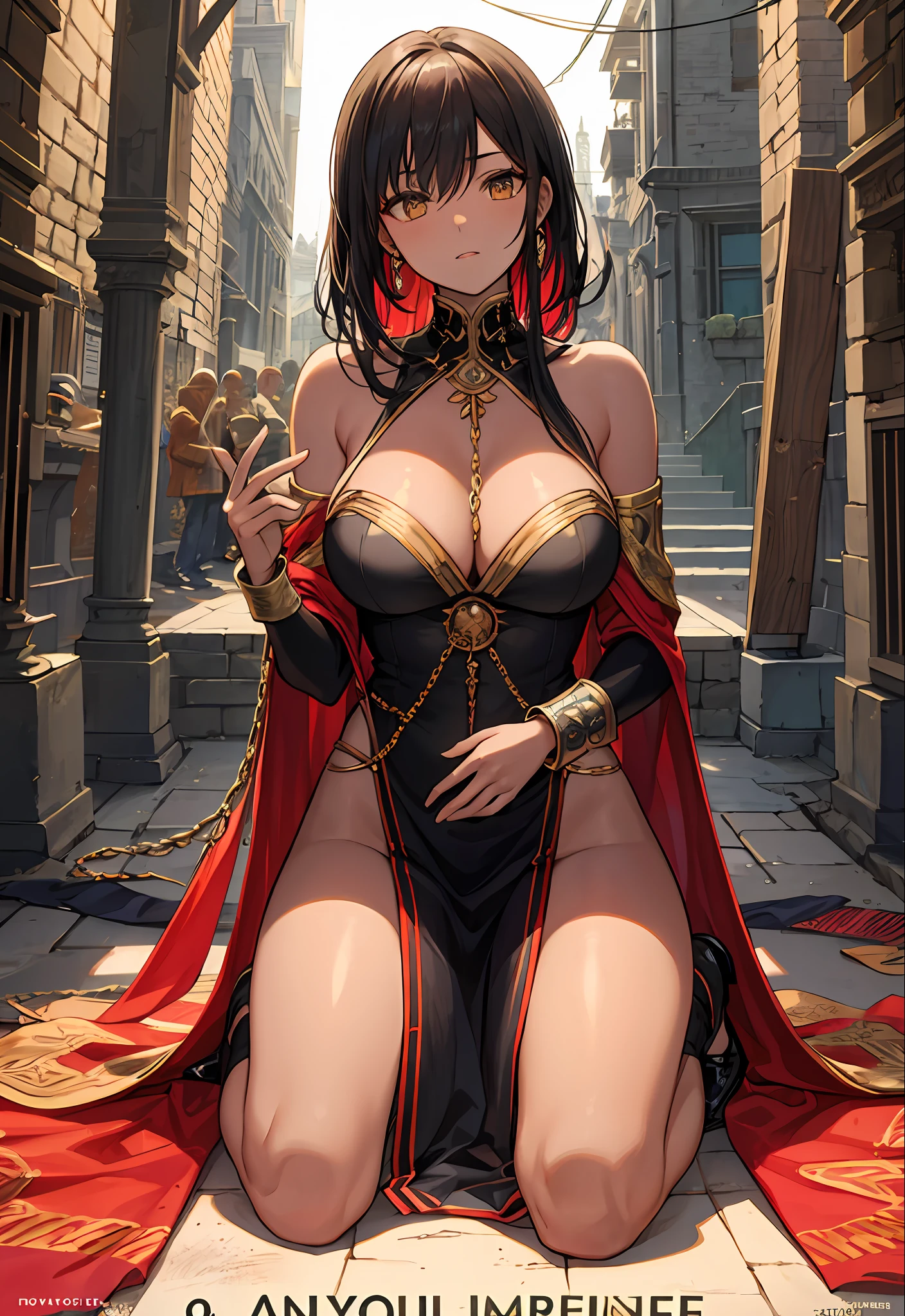 {{best quality}}, art CG, {{super detail}}, {{illustration}}, amazing, fine detail, extremely detailed CG, beautiful details glow, art book, original, cinematic lighting, perfect shadow, realistic lighting shadow, (2 Middle Eastern skin tones), statue, knees up or kneeling, slender, shiny hair, (shimmering skin), chain, collar, hand binding, handcuffs, body tag, medieval street (magazine:1.3), (cover style: 1.3), fashion, woman, vibrant, clothing, posing, frontal, colorful, dynamic, background, element, confident, expressive, holding, statement, accessory, majestic, coiled, around, touch, scene, text, cover, bold, eye-catching, title, fashion, font, catchy, title, bigger, eye-catching, modern, fashion, focus, fashion,