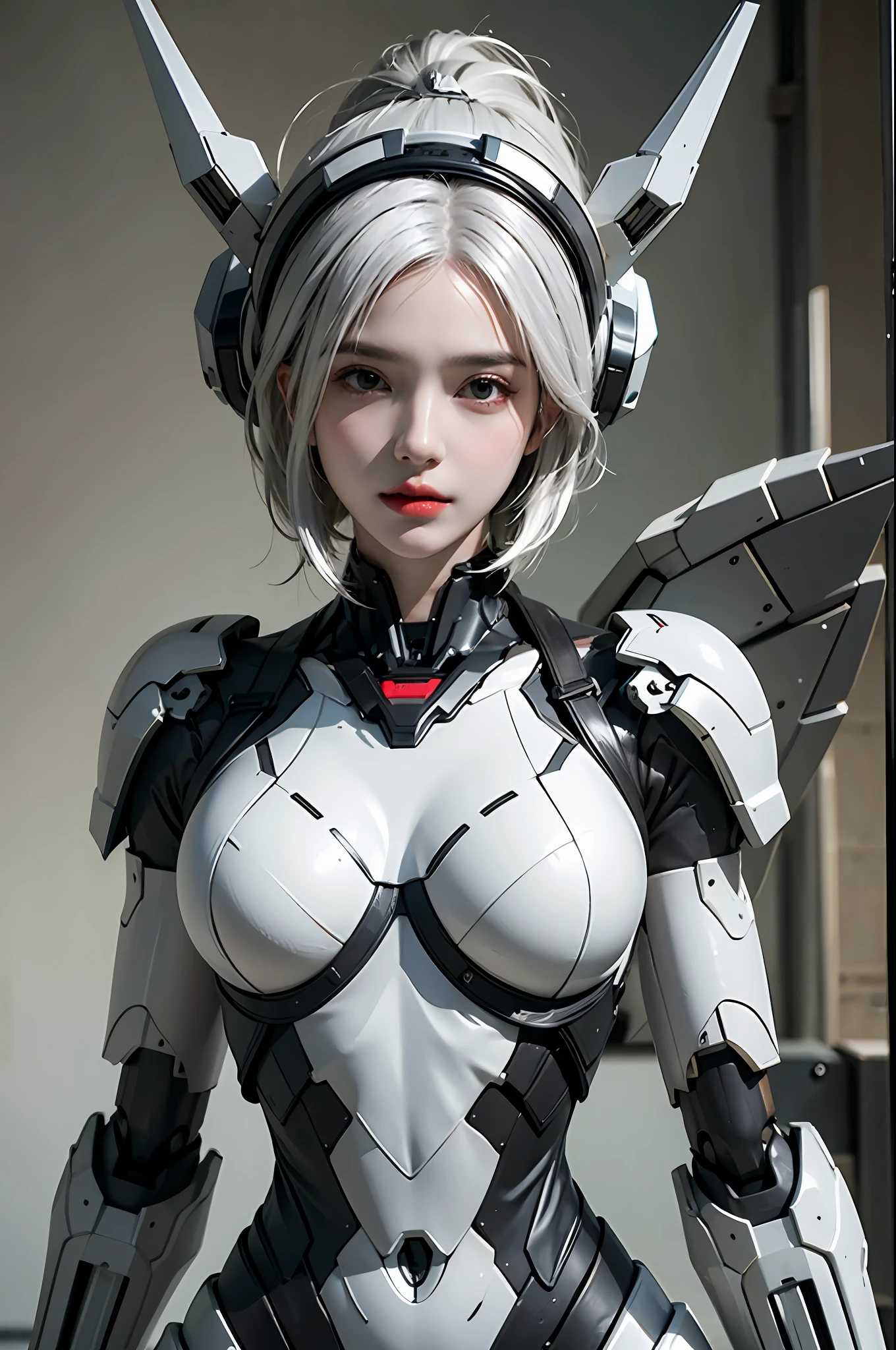 pphotorealistic, high resolution, 1 girl, hips up, white hair, mecha musume, mechanical parts, robot joints, headgear