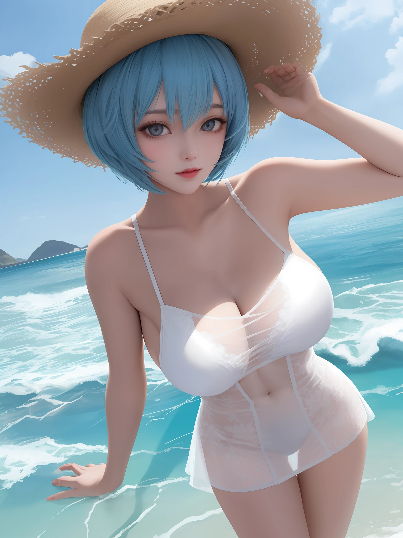 A illustration, a masterpiece of, Magnificent Art, the best quality, 1girl huge large breasts,ayanami rei, Winter weather, Silky skin like peach silk, Short messy blue hair, Sculptural body, (com fagulhas de fogo: 0.7), Adobe illustration, Trand on Artstation, 8K, Hi-Def, uhdr, Cool soft lighting,(Slim,Big straw hat,Translucent white openwork slip dress,No bra,Dynamic pose),((mediuml breasts):1.2,big legs),Sea beach background,look to the camera
