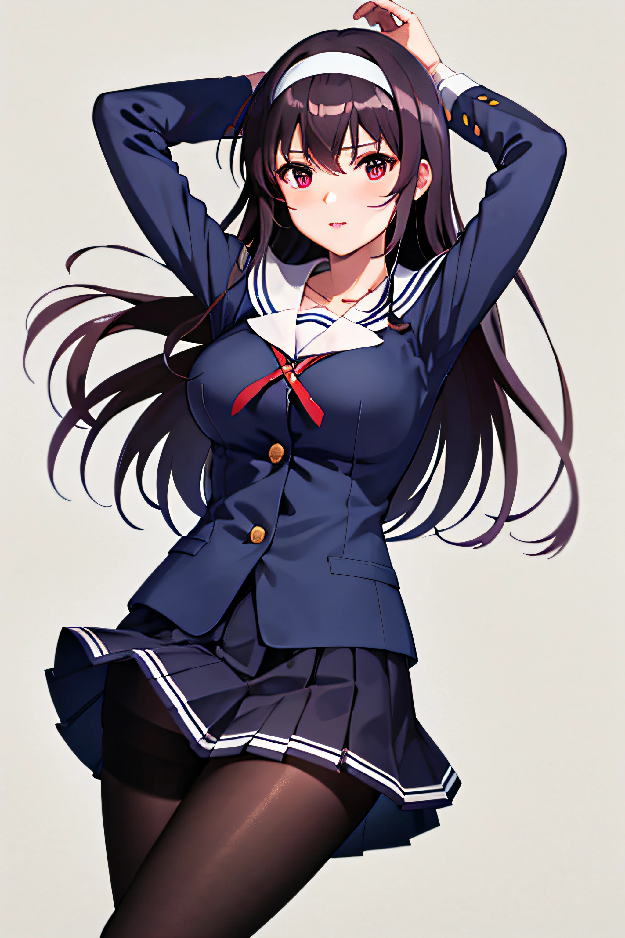 masterpiece, best quality, highres, kasumigaoka utaha, 1girl, solo, pantyhose, long hair, black pantyhose, skirt, school uniform, black hair, hairband, red eyes, pleated skirt, long legs, white hairband, breasts, serafuku, bangs, jacket, large breasts,