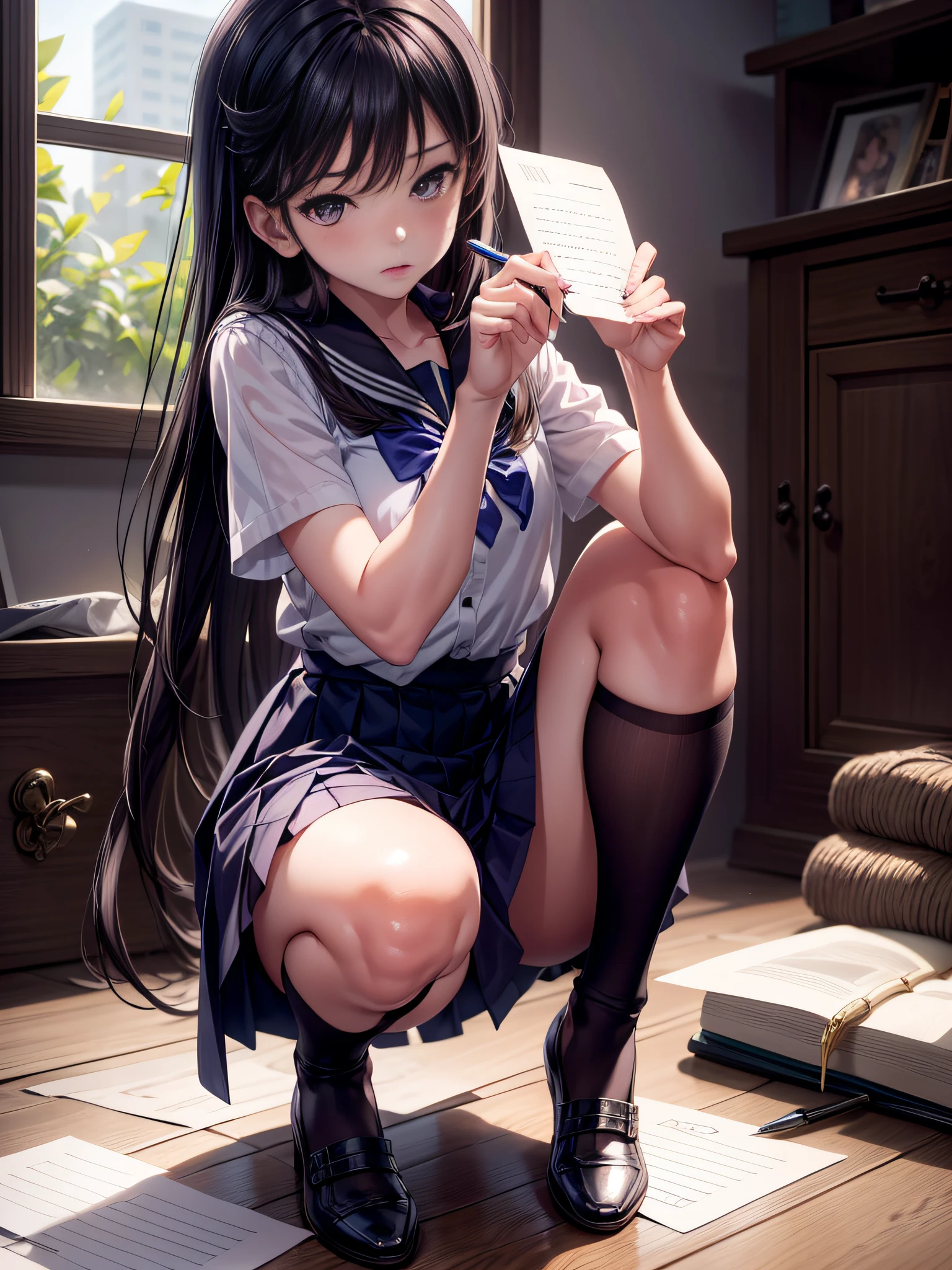 anime girl writing on a piece of paper with a pen, by Jin Homura, sui ishida art manga, iwakura lain, the anime girl is crouching, art cover, Seifuku, beautiful anime girl squatting, hanayamata, yandere, Smooth Anime CG Art, yandere intricate, inspired by Ma Yuanyu