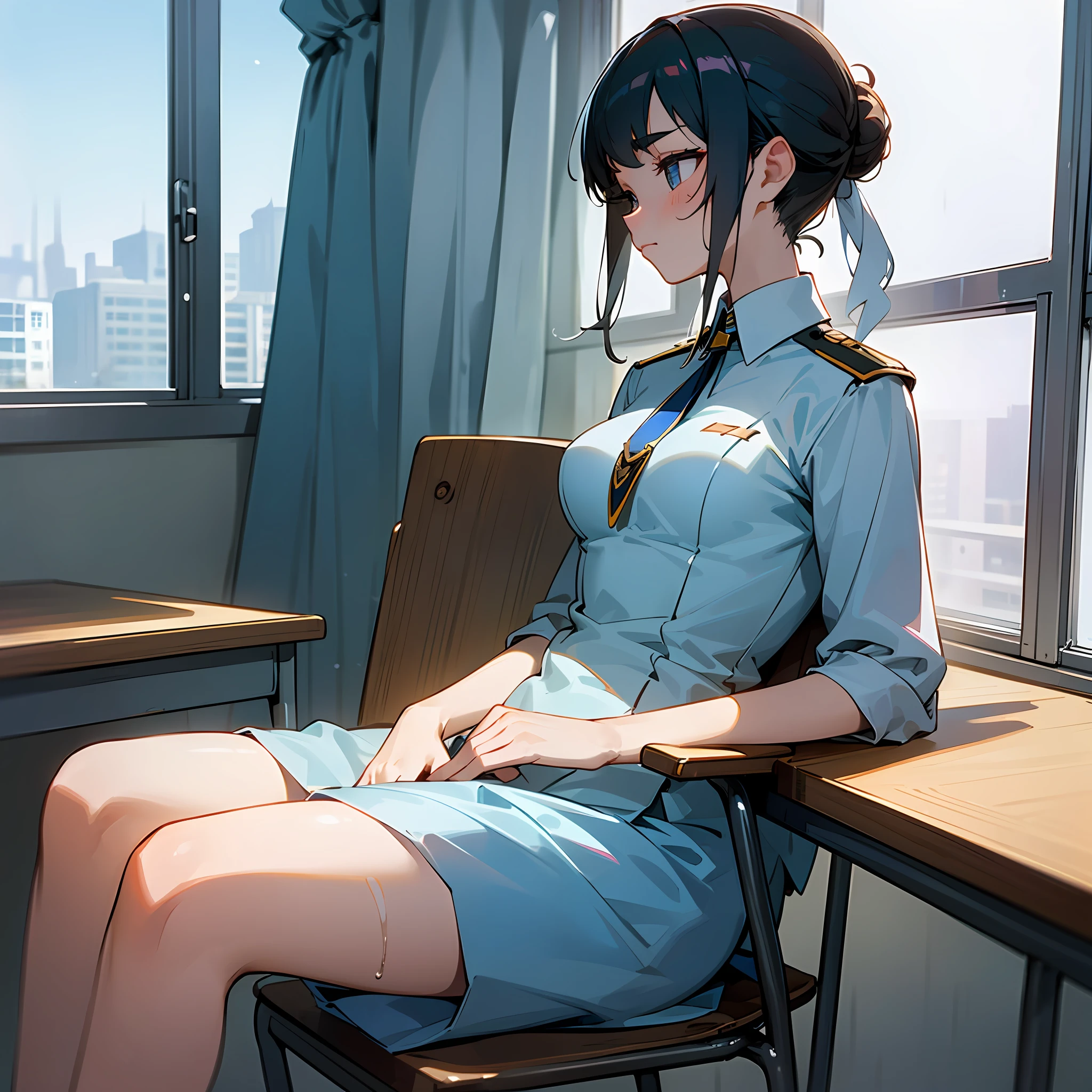 ((beste-Qualit、8K、шедевр:1.3))、only girl、wetting hair、Bun hair、Emeral look、tired expression、Transparency、profile、Uniform Shirt、slightly smaller breasts、cute-cute、Troubled eyebrows、long lashes、black-haired、Wipe your hair with a towel、sits on a chair、In class、Window seat、up、soio、Tree outside the window、blue-sky、desk