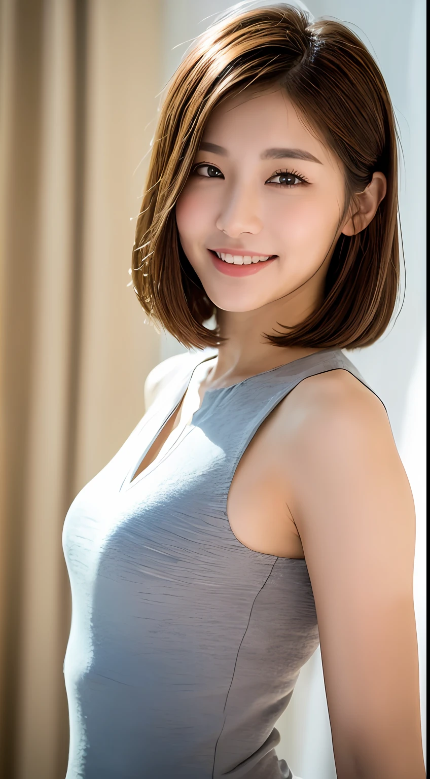 ((Best Quality, 8K, Masterpiece: 1.3)), 1 Girl, Slim Abs Beauty: 1.3, (Hairstyle Brown Hair Shortcut, Big: 1.2), Dress: 1.1, Super Slender Face, Delicate Eyes, Double Eyelids, Smile, Home, Raw Photo