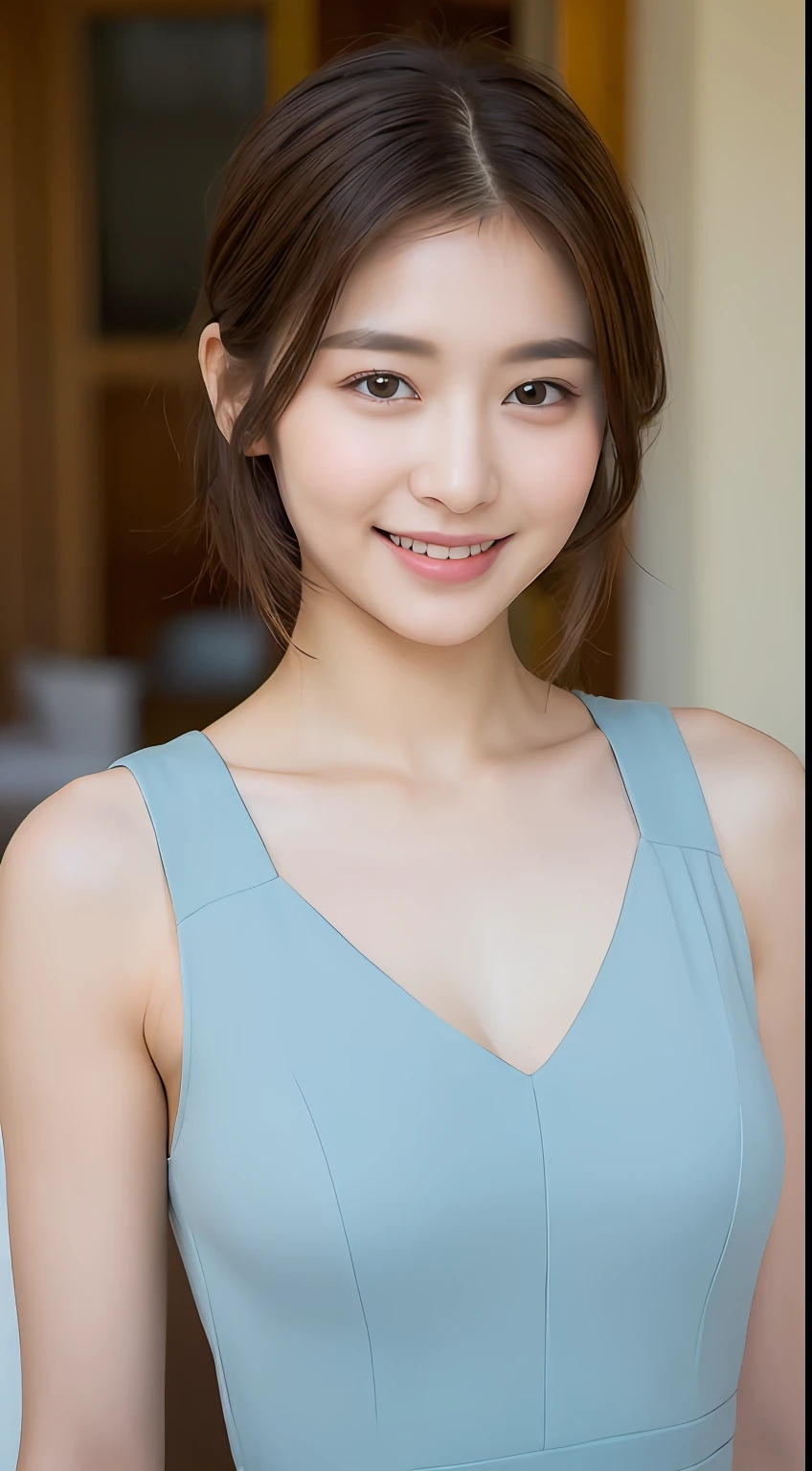 ((Best Quality, 8K, Masterpiece: 1.3)), 1 Girl, Slim Abs Beauty: 1.3, (Hairstyle Brown Hair Shortcut, Big: 1.2), Dress: 1.1, Super Slender Face, Delicate Eyes, Double Eyelids, Smile, Home, Raw Photo