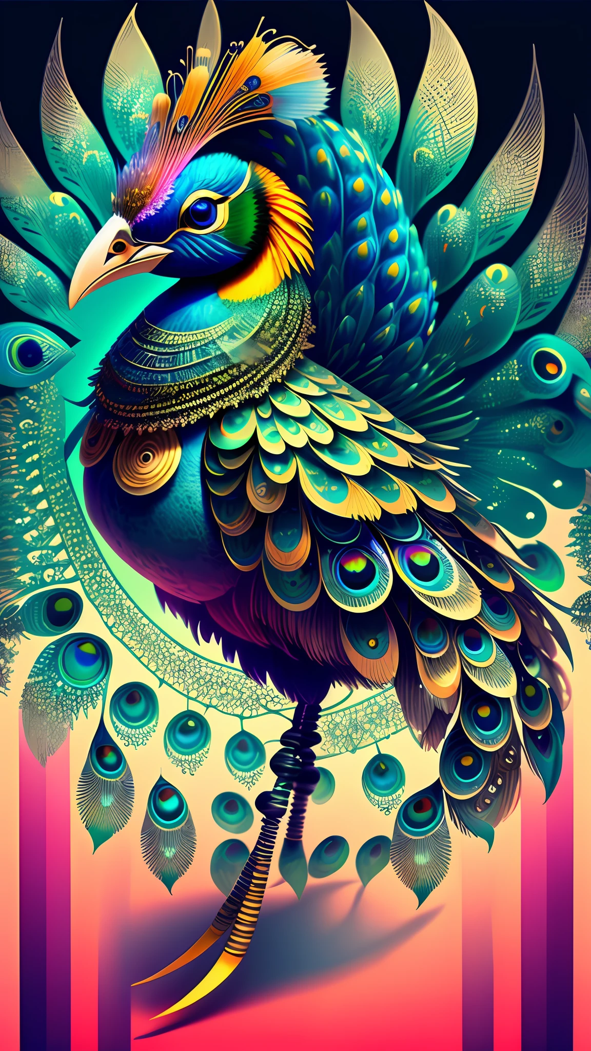 android mechnical peacock,robot wings,earnst haeckel, james jean. generative art, baroque, intricate patterns, fractalism, movie still, photorealistic, vibrant peacock feathers, intricate, elegant, highly detailed, digital painting, artstation, smooth, sharp focus, illustration, outrun, vaporware,full body shot