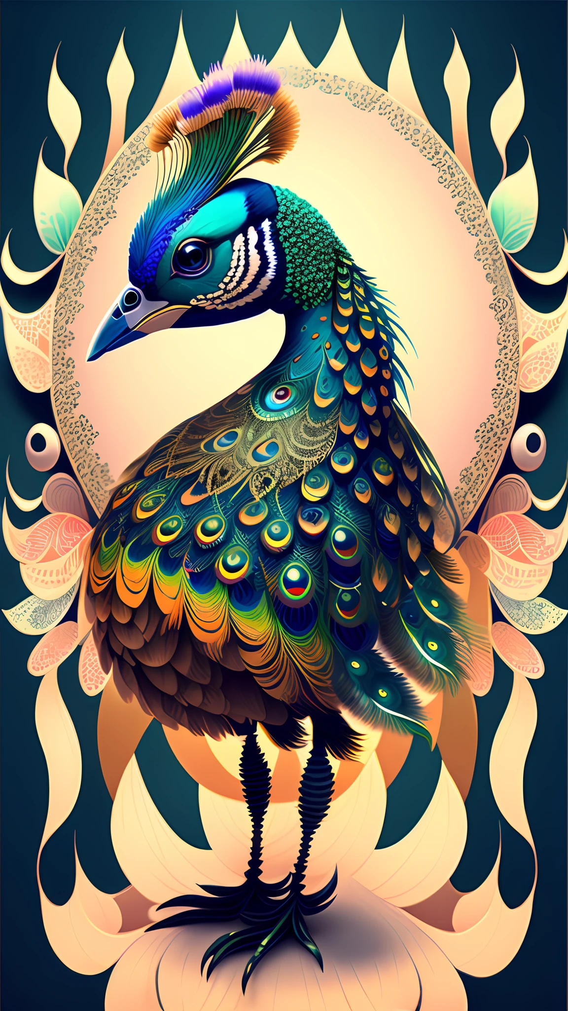 android mechnical peacock,robot wings,earnst haeckel, james jean. generative art, baroque, intricate patterns, fractalism, movie still, photorealistic, vibrant peacock feathers, intricate, elegant, highly detailed, digital painting, artstation, smooth, sharp focus, illustration, outrun, vaporware,full body shot