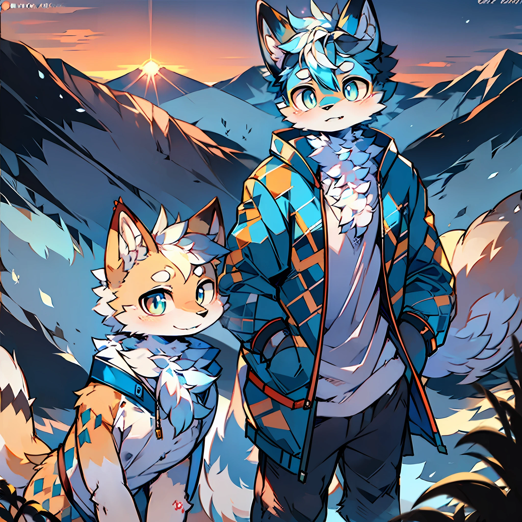 furry male blue white pattern fox bright pupils standing wearing blue cotton jacket snowy mountain sunset