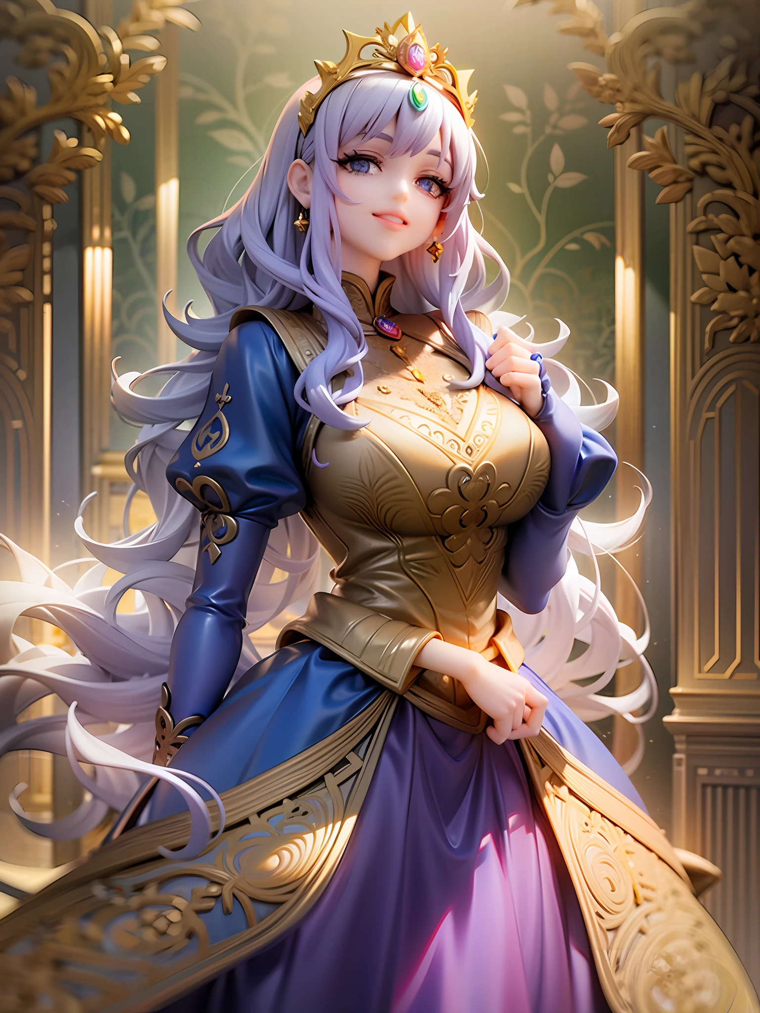 princess, royal blue, soft lavender, tiara studded with gemstones, intricate gold embroidery, serene smile, flowing royal gown, puffy sleeves, intricate gold embroidery, soft lavender hair, long wavy, royal blue eyes, elegant standing pose, lush palace garden background,