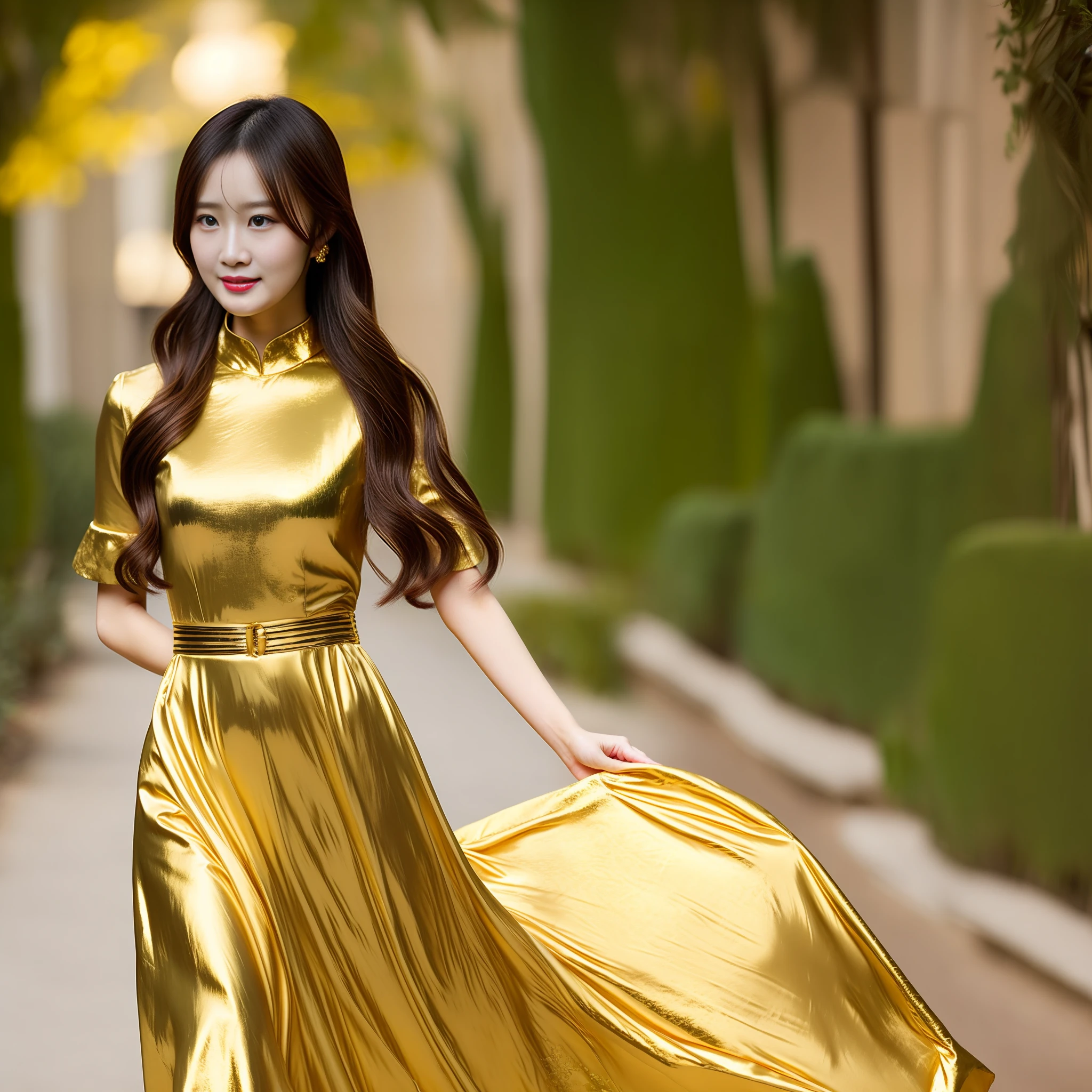 Liu Yifei,golden colour,Harnes,longdress