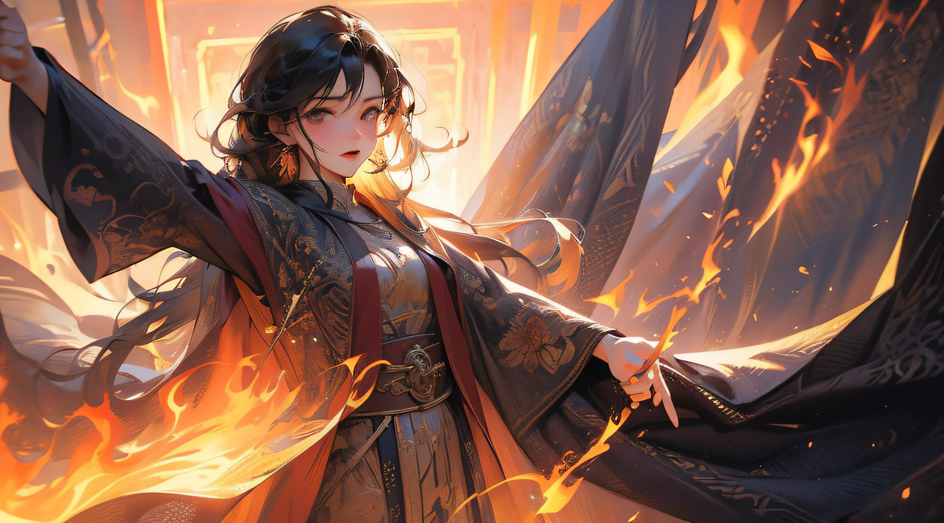 In a cave，There was a faint light and shadow on the ground，On a bed of flames, a man pressed a girl with open arms