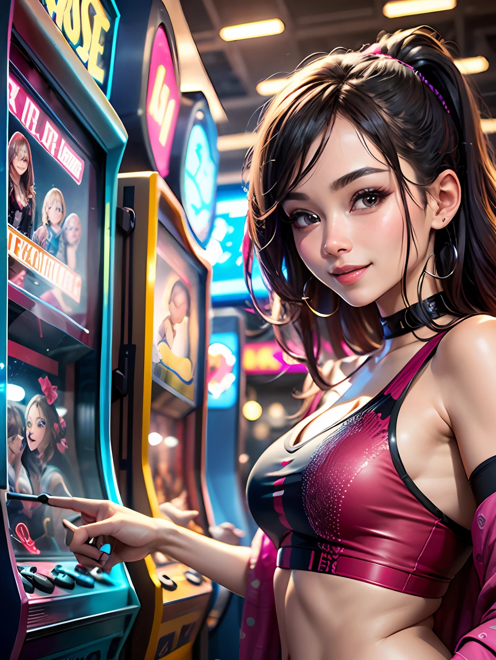 Transport yourself to a vibrant arcade games center where the energy of excitement and nostalgia fills the air. Imagine a beautiful girl in the midst of this lively scene, surrounded by flashing lights, colorful cabinets, and the joyous sounds of gaming. Capture her infectious smile and radiant enthusiasm as she immerses herself in the thrill of arcade games.ray trace, (brightening light:1.2), (Increase quality:1.4), (best quality real texture skin:1.4), finely detailed eyes, finely detailed face, finely quality eyes, (tired and sleepy and satisfied:0.0), beautiful clothes, (Increase body line mood:1.1), (Increase skin texture beauty:1.1) (full-body)