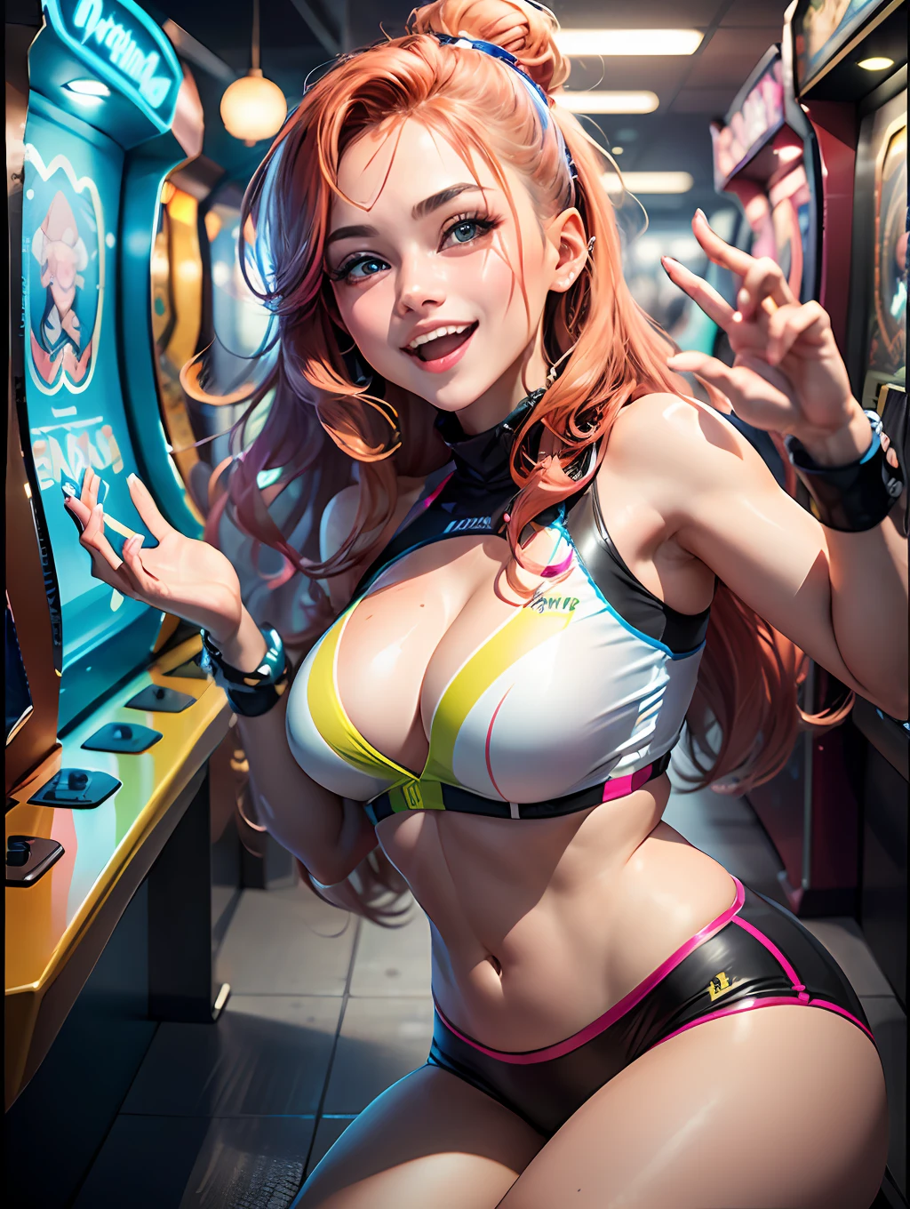 Transport yourself to a vibrant arcade games center where the energy of excitement and nostalgia fills the air. Imagine a beautiful girl in the midst of this lively scene, surrounded by flashing lights, colorful cabinets, and the joyous sounds of gaming. Capture her infectious smile and radiant enthusiasm as she immerses herself in the thrill of arcade games.ray trace, (brightening light:1.2), (Increase quality:1.4), (best quality real texture skin:1.4), finely detailed eyes, finely detailed face, finely quality eyes, (tired and sleepy and satisfied:0.0), beautiful clothes, (Increase body line mood:1.1), (Increase skin texture beauty:1.1) (full-body)