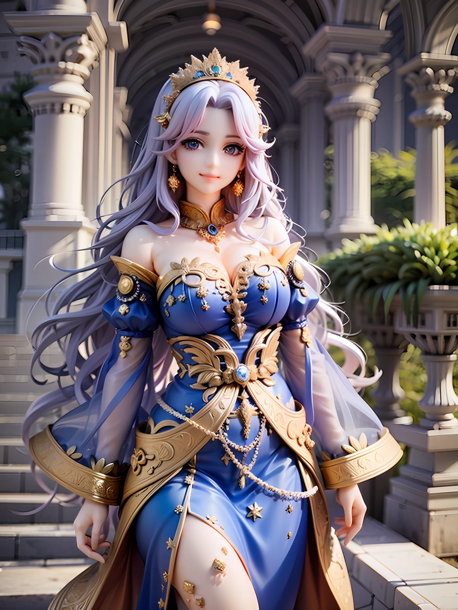 princess, royal blue, soft lavender, tiara studded with gemstones, intricate gold embroidery, serene smile, flowing royal gown, puffy sleeves, intricate gold embroidery, soft lavender hair, long wavy, royal blue eyes, elegant standing pose, lush palace garden background,