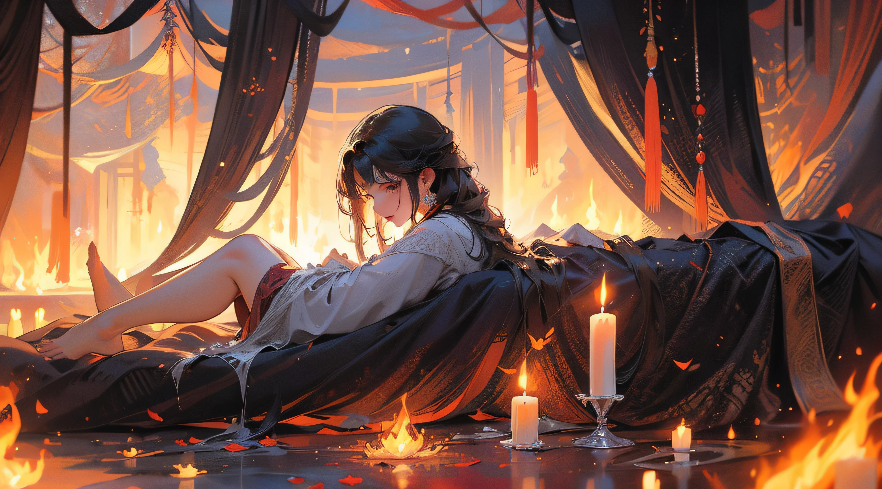 In a cave,Lying on a bed of flames is a girl